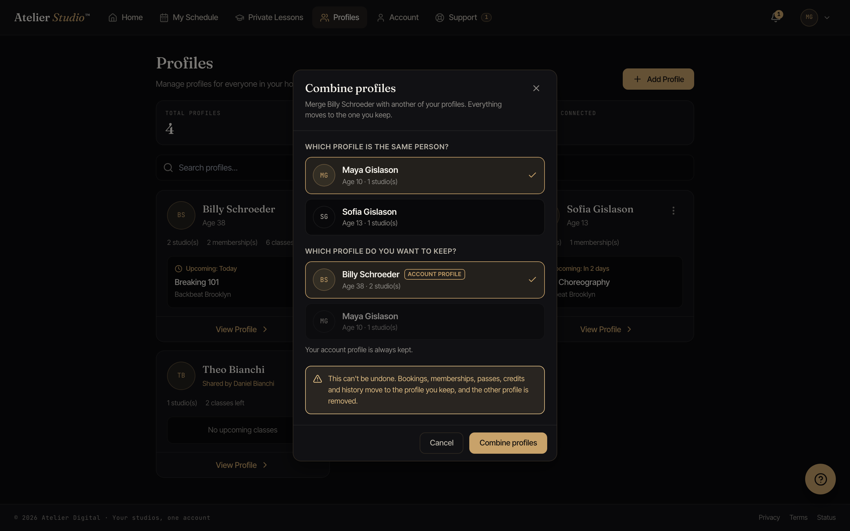 The Combine profiles dialog: choose the matching profile, then pick which one to keep.