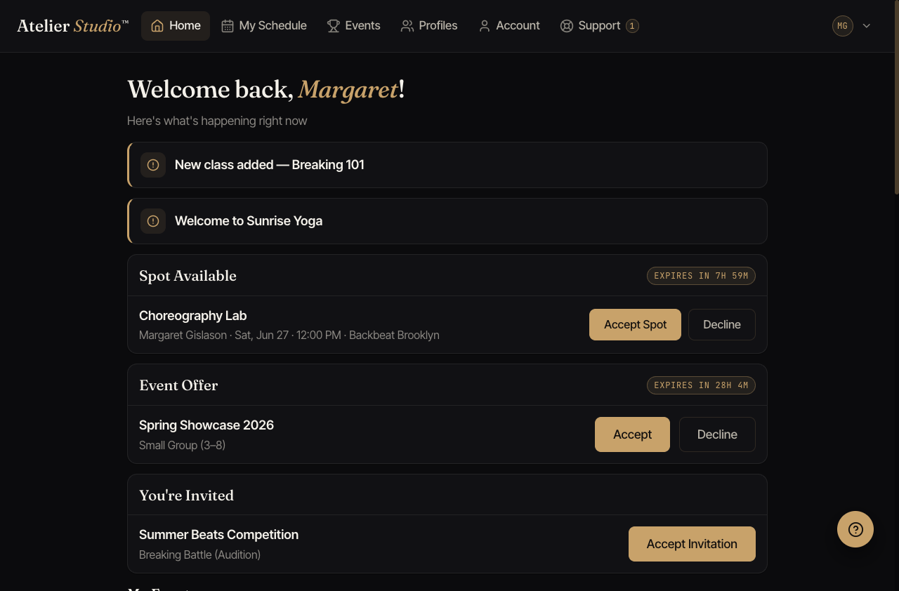 A customer home screen welcoming the member, with announcements, a spot offer, and event invitations.