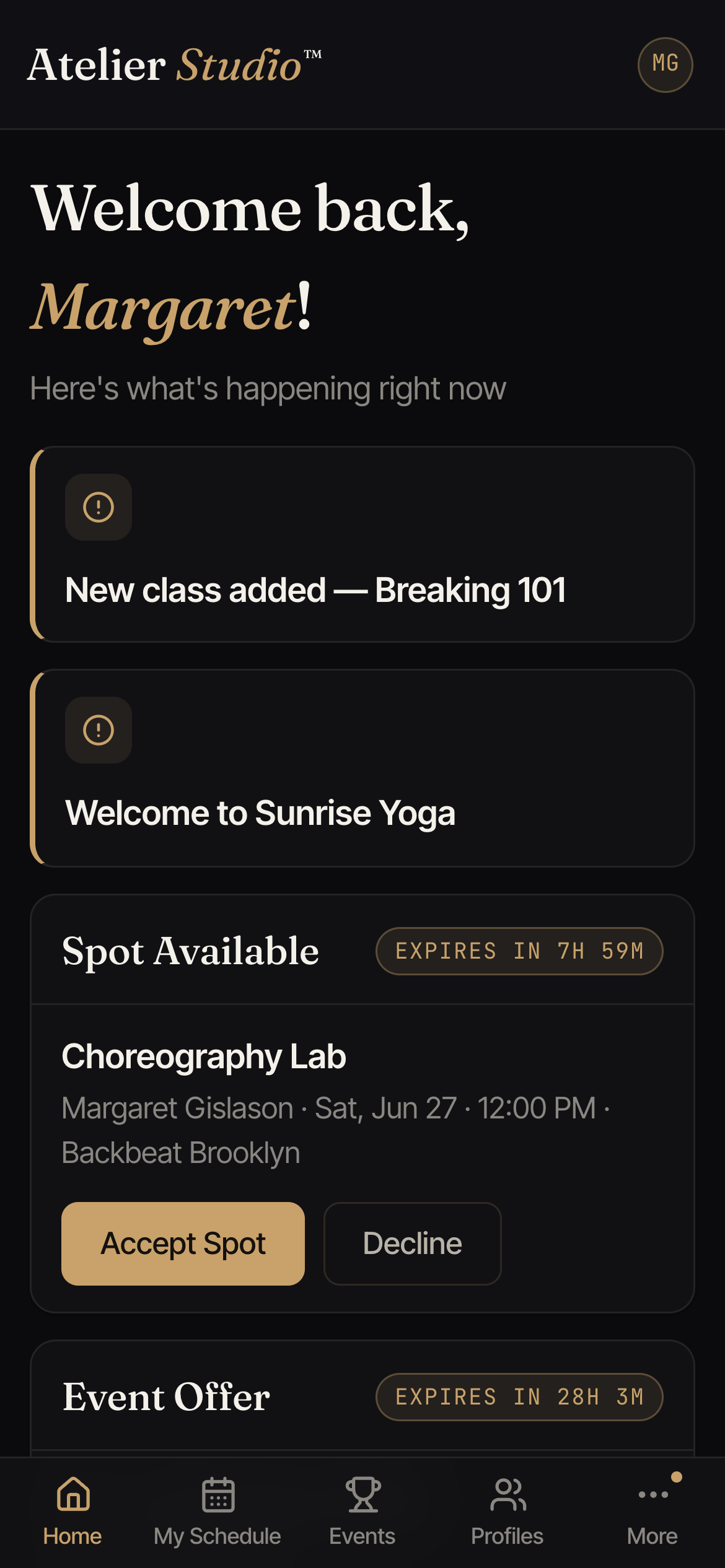 A customer home screen welcoming the member, with announcements, a spot offer, and event invitations.