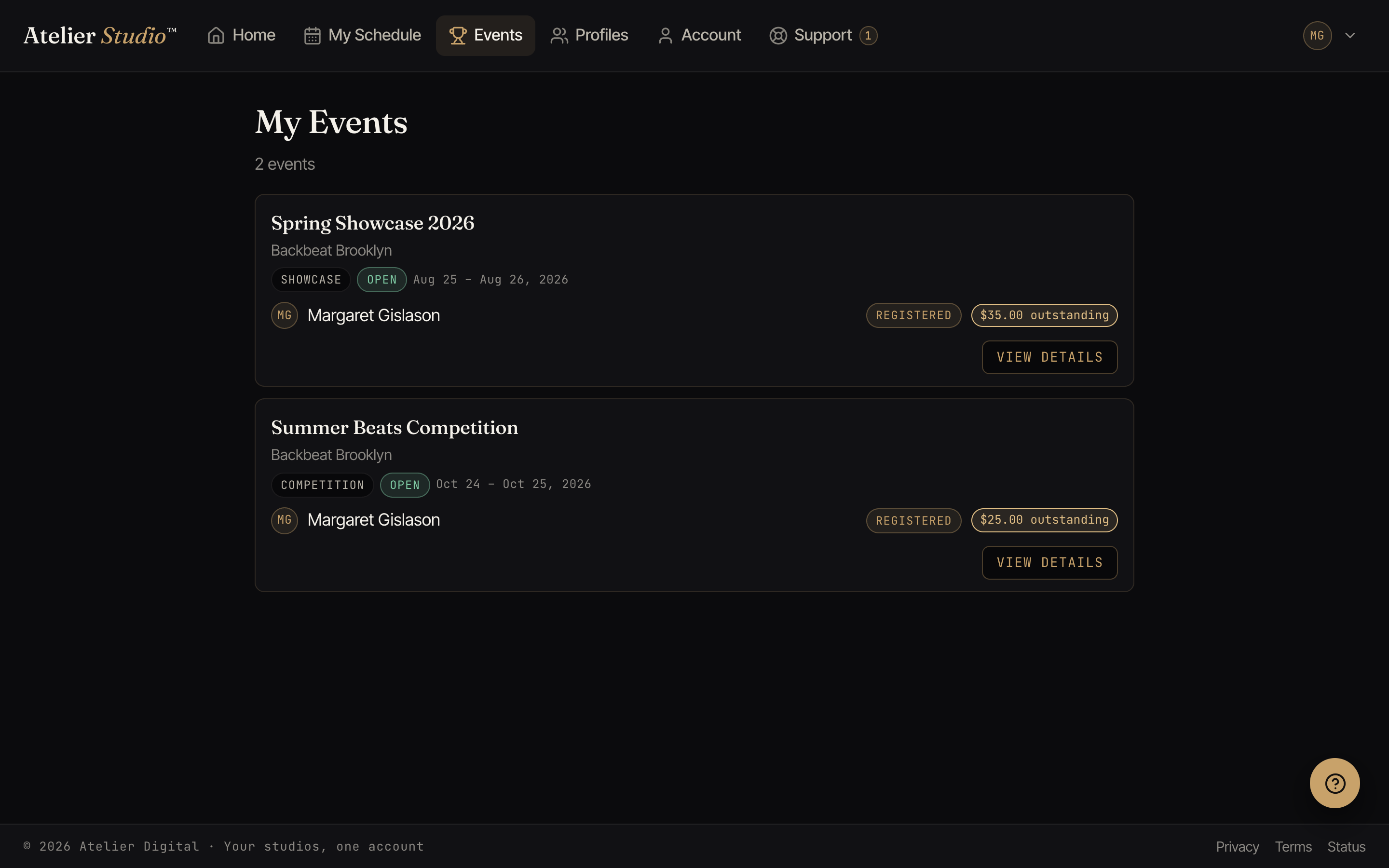 A My Events page listing a showcase and a competition, each marked Registered with dates.