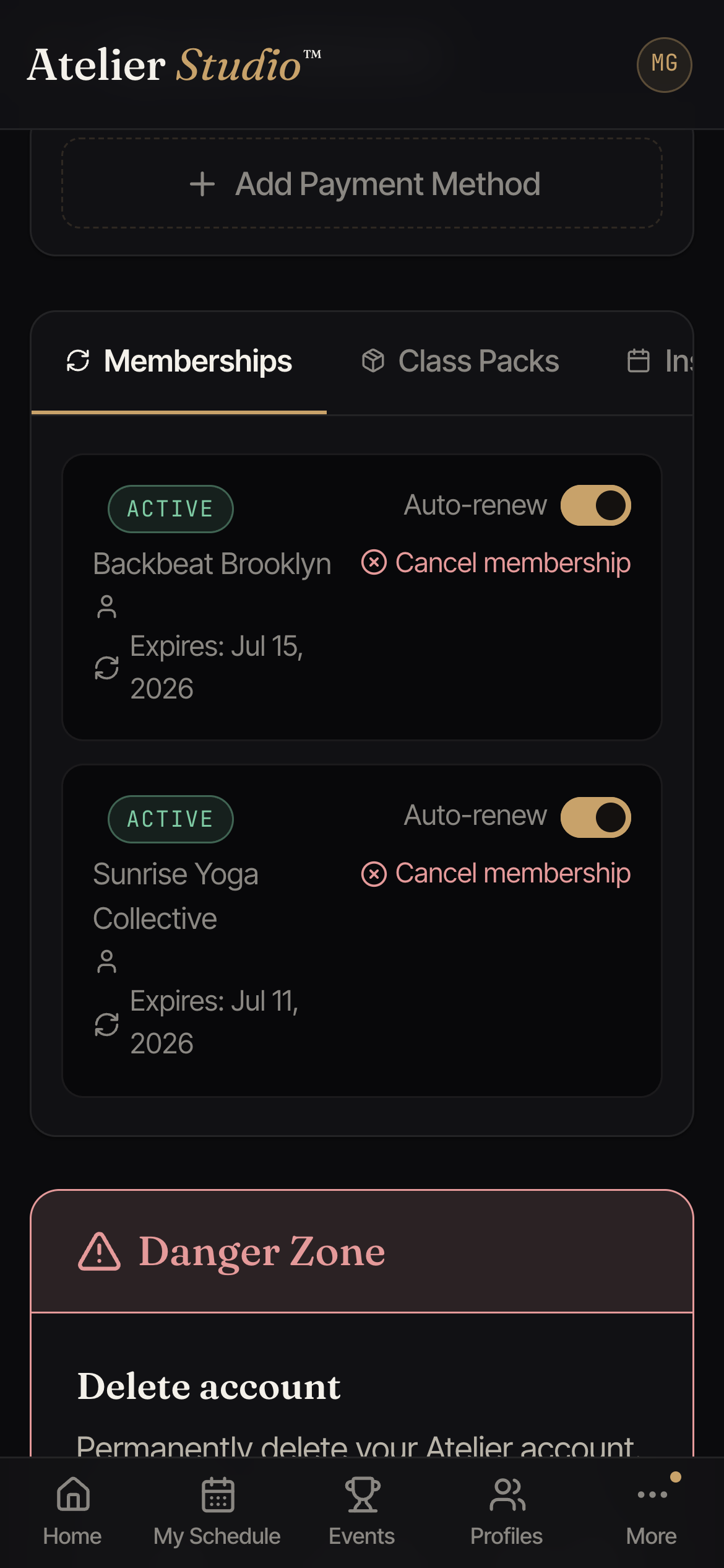 The Payment Methods section of the Account page with an Add Payment Method button.