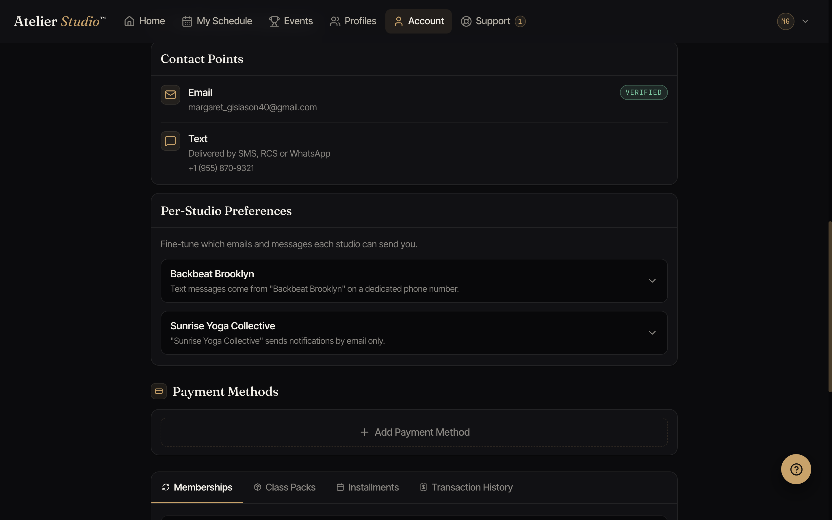 Notification preferences showing verified contact points and per-studio settings.