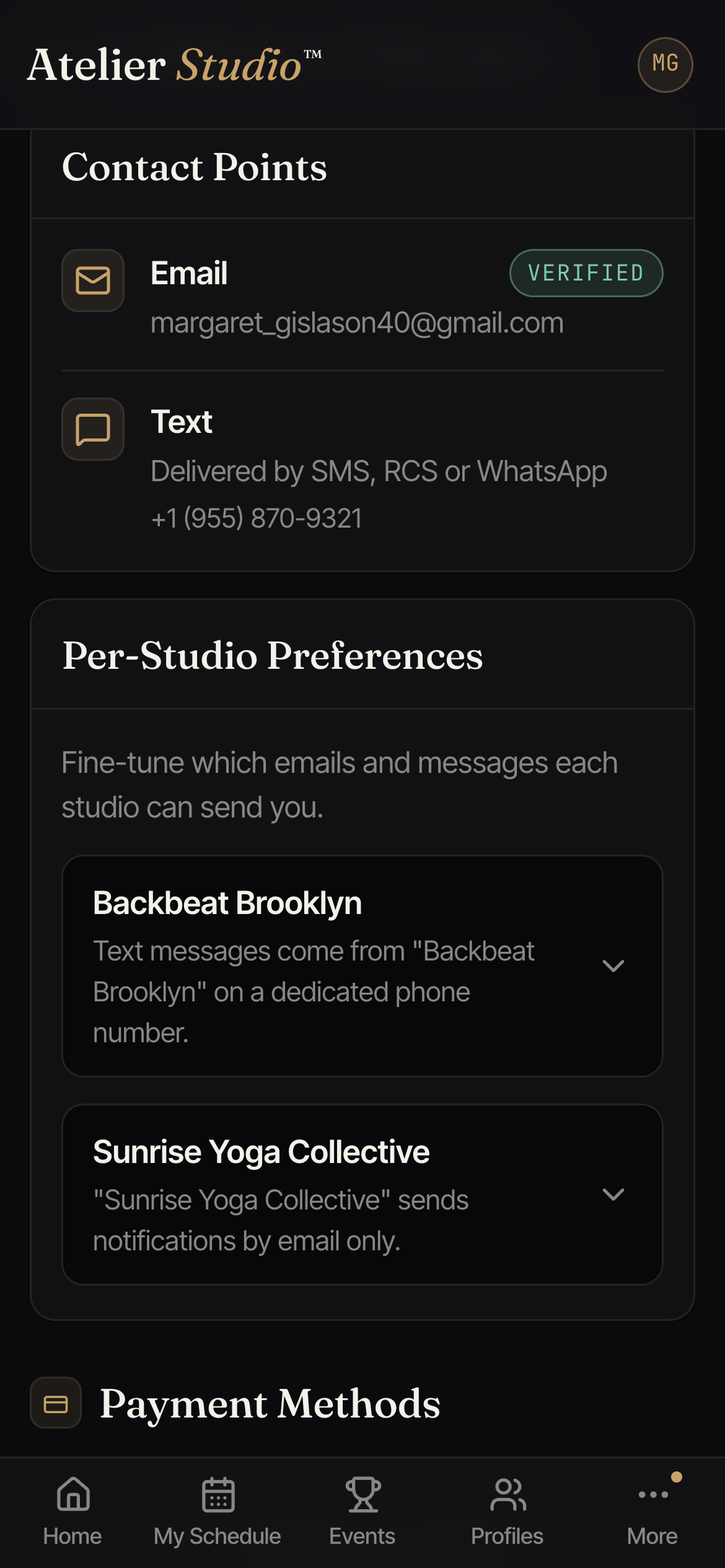 Notification preferences showing verified contact points and per-studio settings.