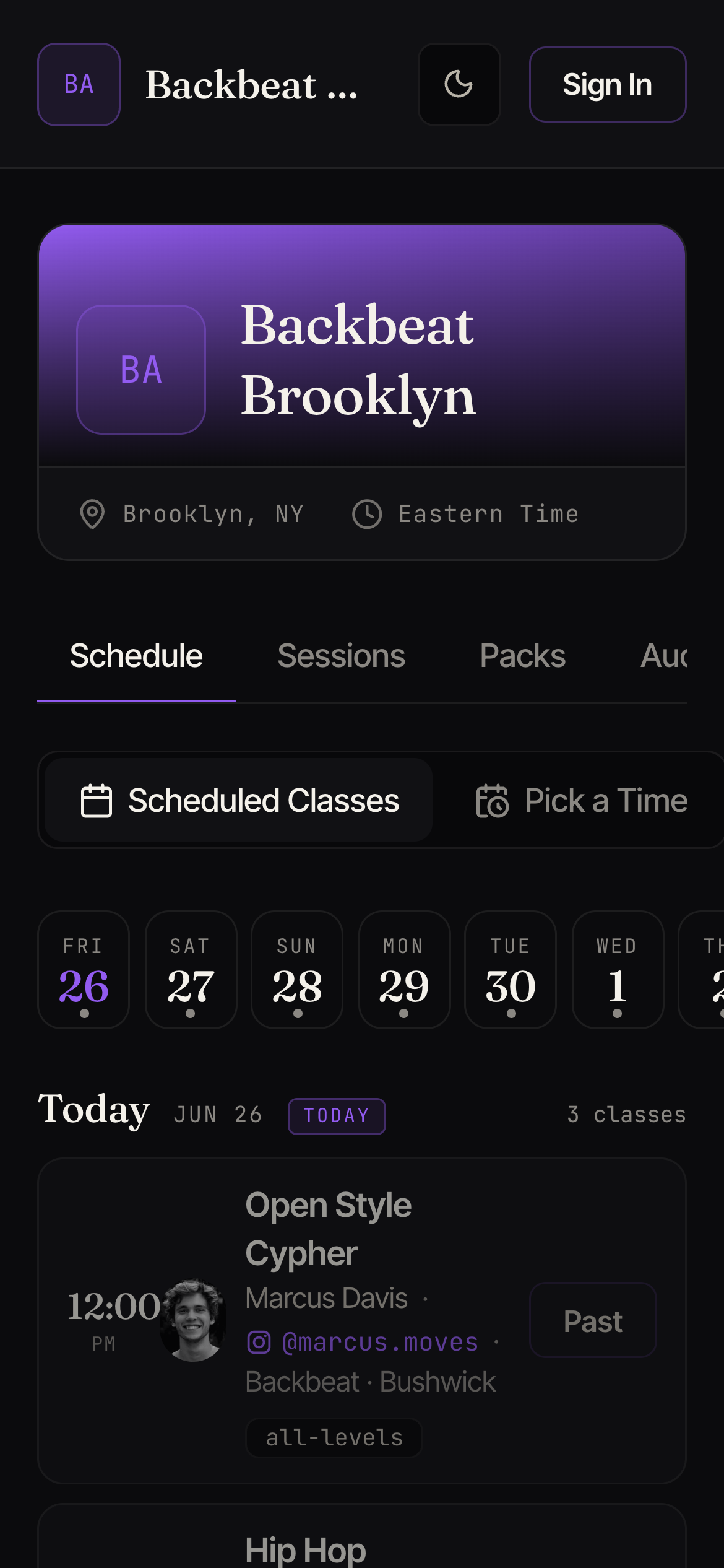 A studio booking page showing the day strip and the day's classes with times and instructors.