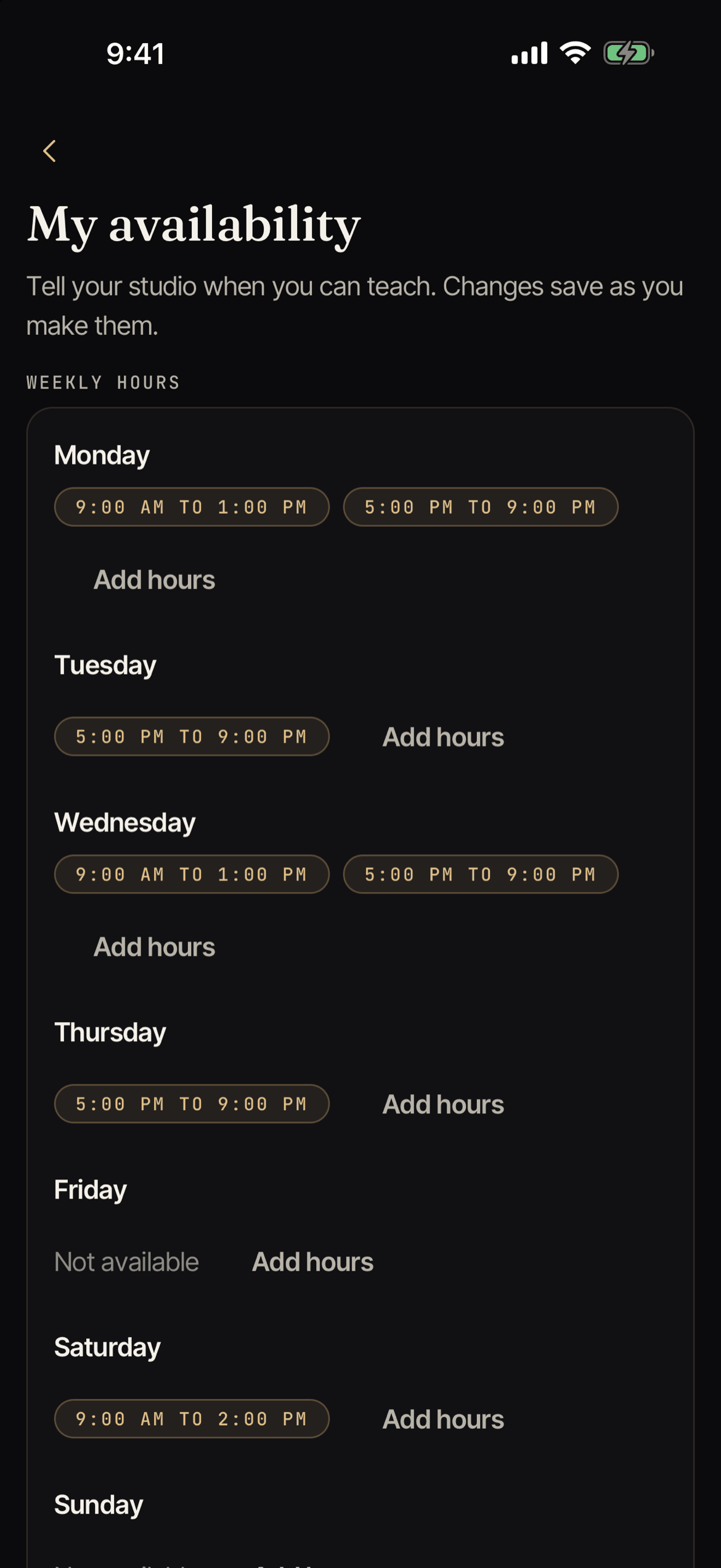 The My availability screen, with weekly hours for each day and a time off section.
