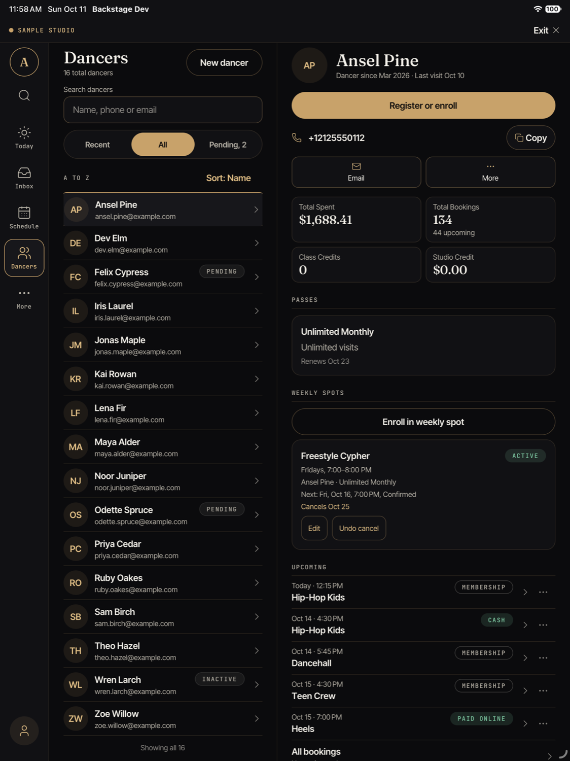 The Dancers page on an iPad. A list of students is on the left. The page of the selected student is on the right, with a Register or enroll button, their phone number with a Copy button, and their passes.