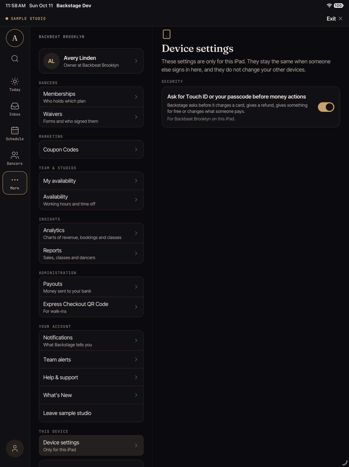Device settings in Backstage. A switch asks for Face ID, a fingerprint, or the passcode before money actions. It is turned on and says it is for Backbeat Brooklyn on this device.