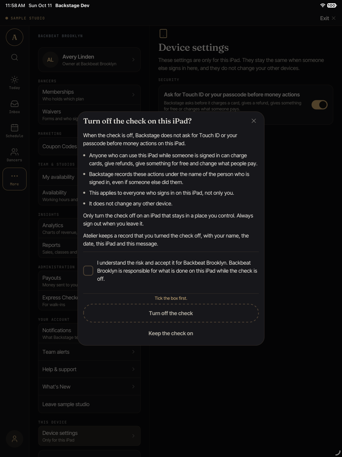 The warning panel on an iPad, titled Turn off the check on this iPad. It lists the risks, has a box to tick that says the studio accepts the risk, and two buttons: Turn off the check, and Keep the check on.
