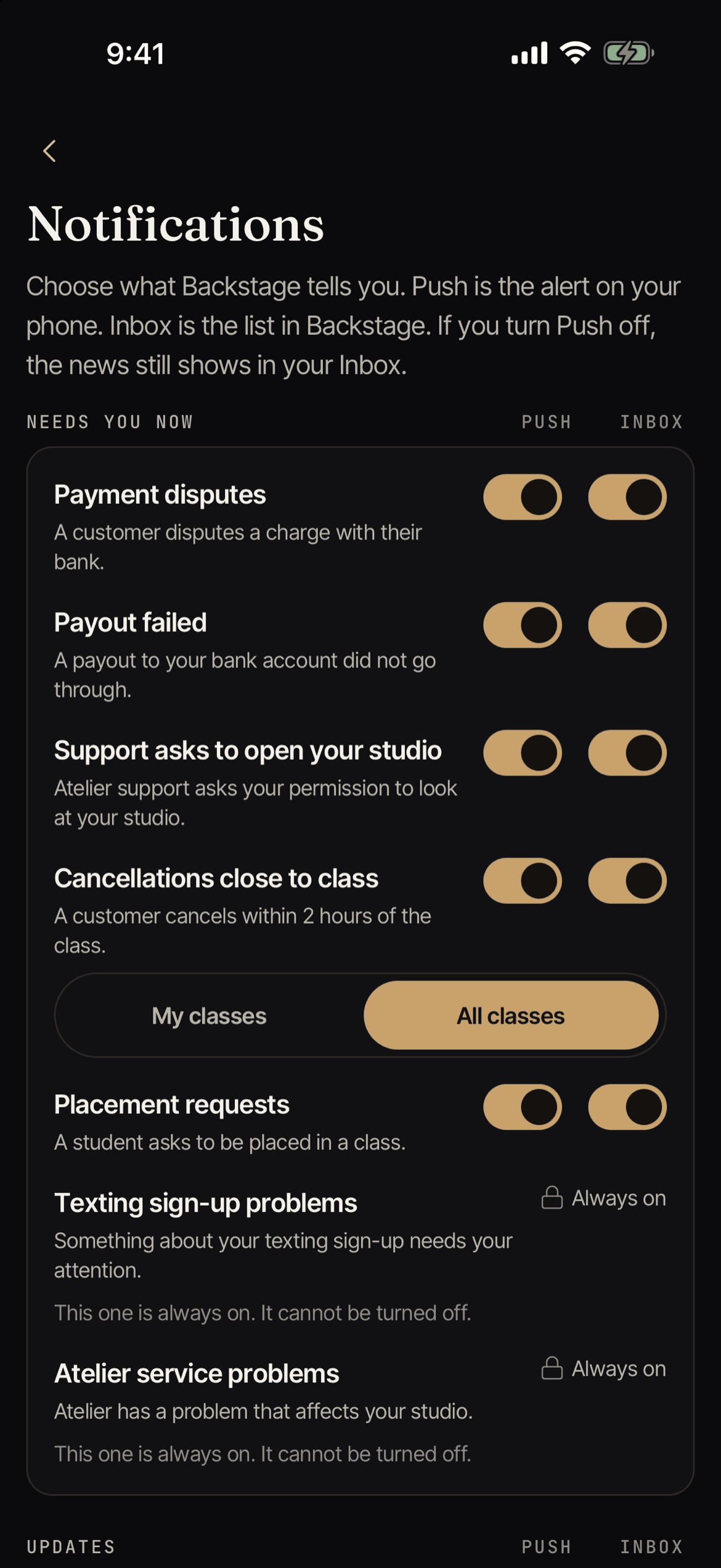 The notification settings, with a Push and an Inbox switch for each kind of alert.