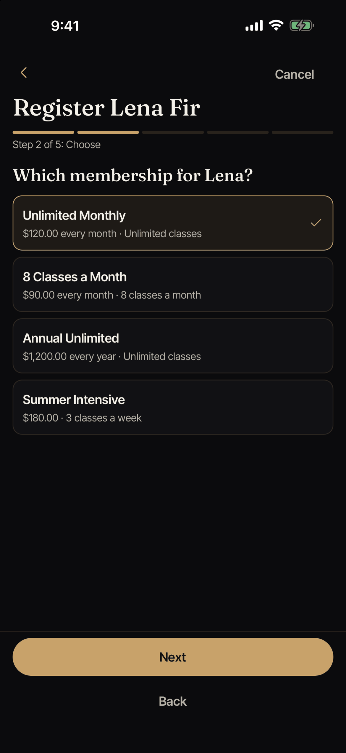 The step where you choose the exact membership.