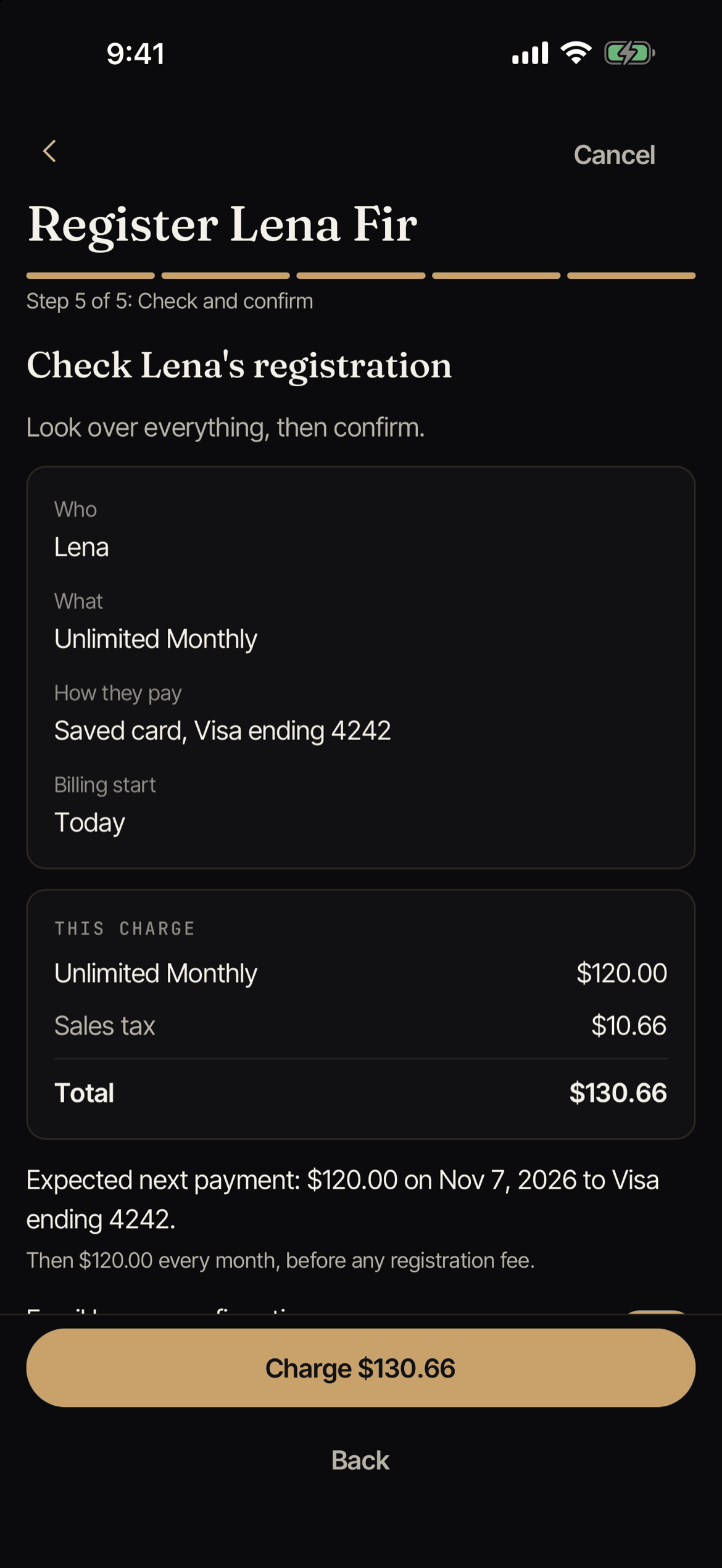 The last step, where you check the details and confirm.