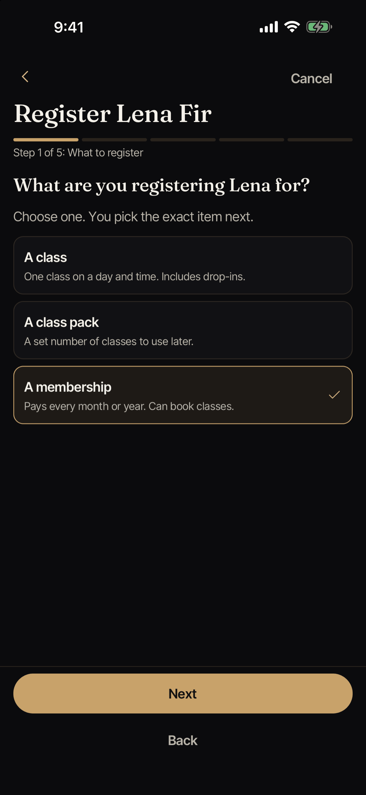 Step 1 of the register steps, with A class, A class pack and A membership to choose from.