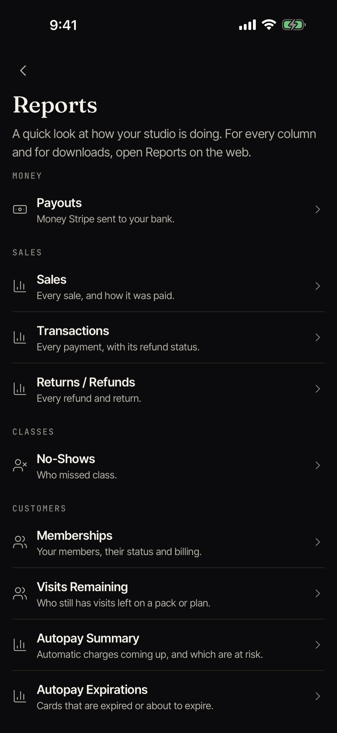 The Reports list in Backstage, grouped as Money, Sales, Classes and Customers.