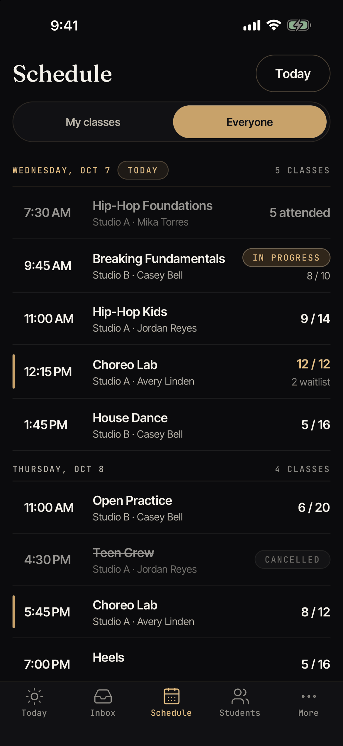 The Schedule tab in Backstage, listing the classes for one day.