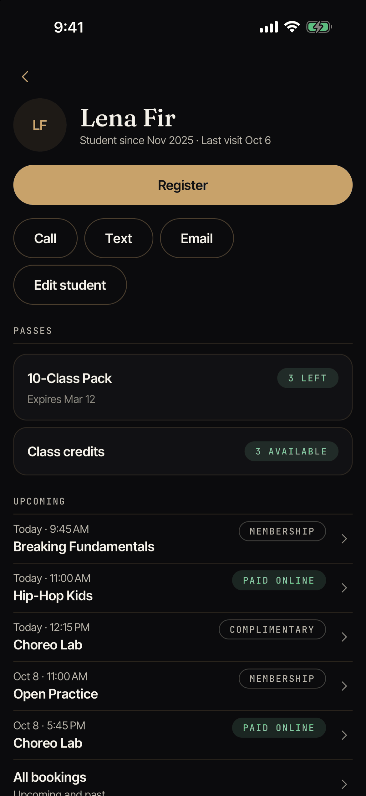 A student page in Backstage, with passes, upcoming classes and the Register button.