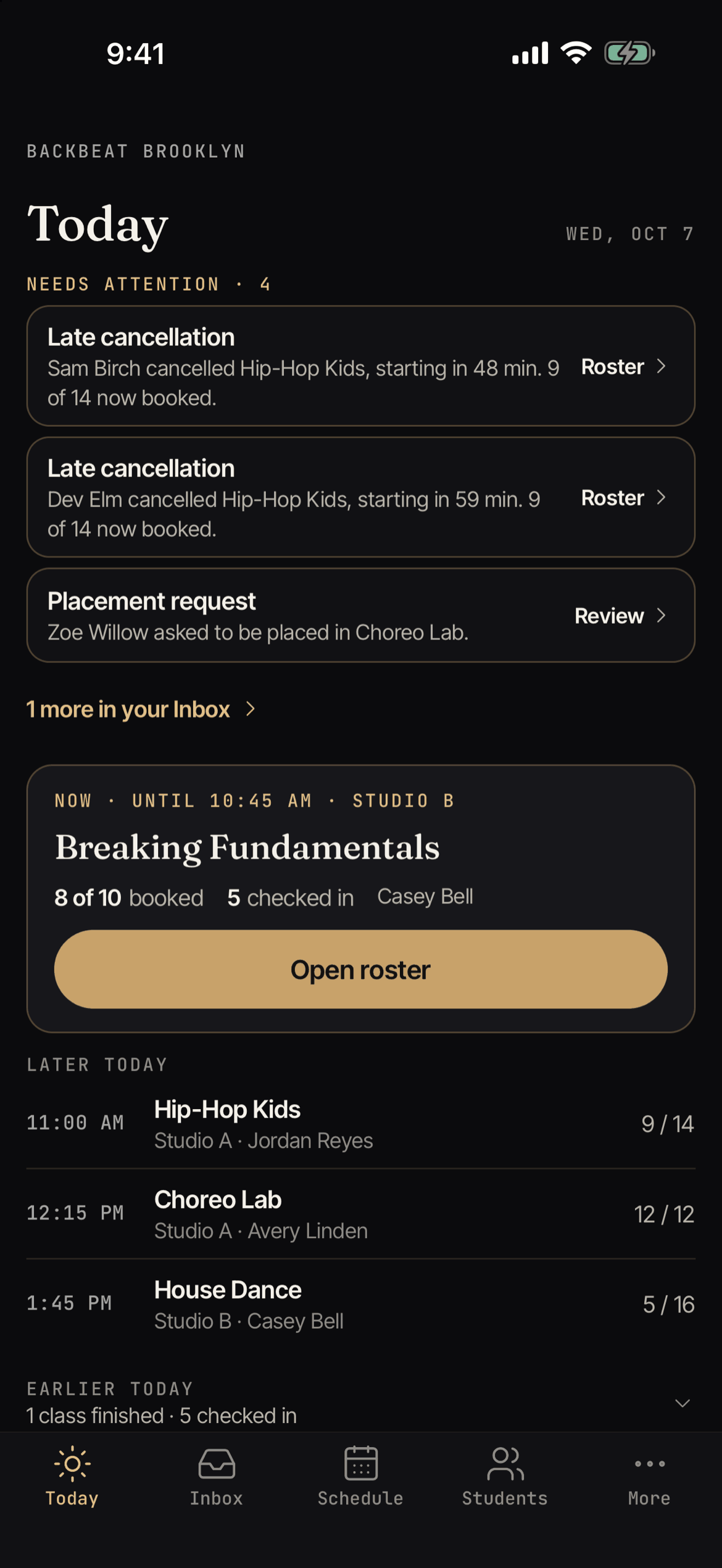 The Today tab in Backstage, with a Needs attention list, the next class, and the classes later today.