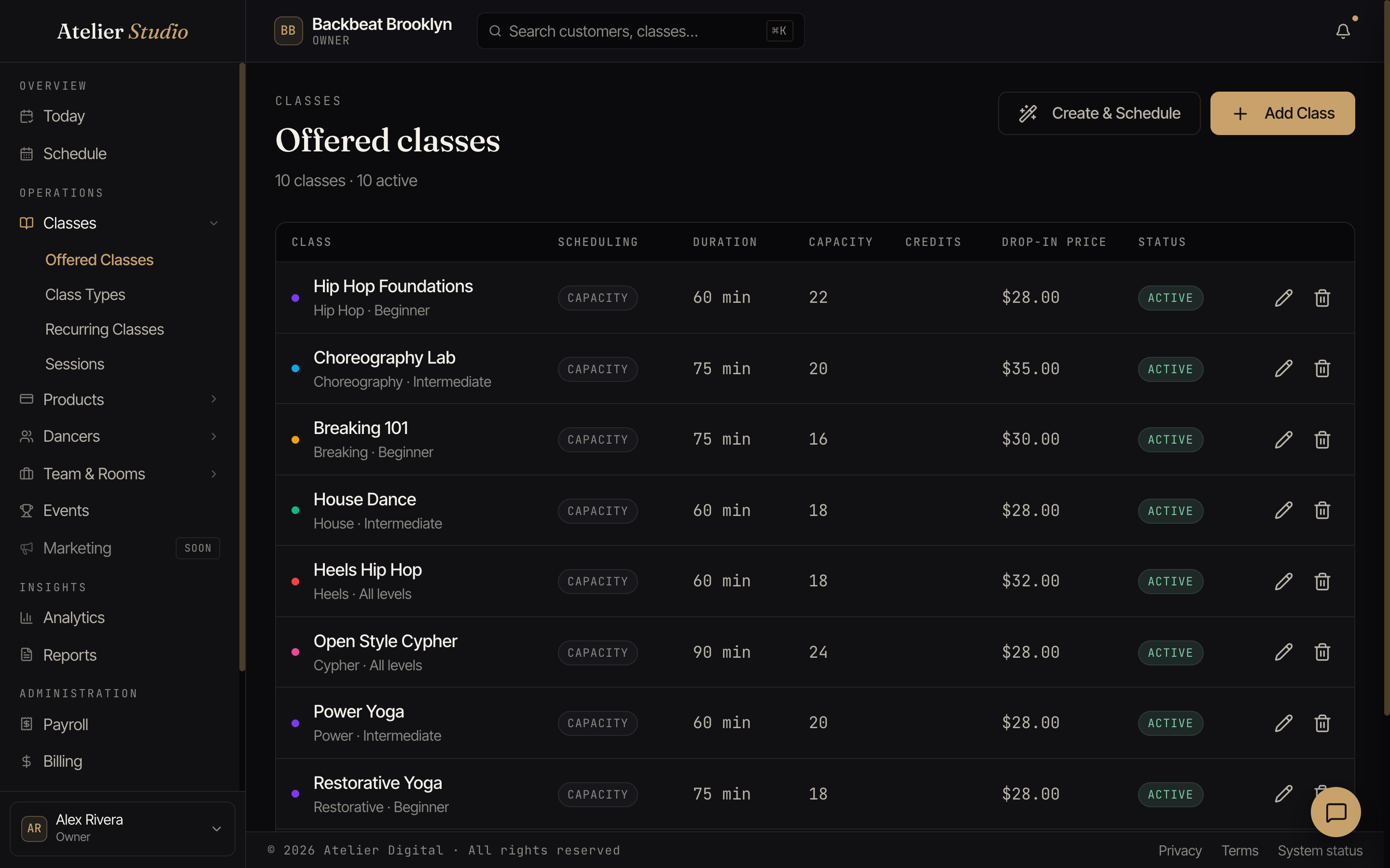 The Offered classes list showing each class with its duration, capacity, and drop-in price.