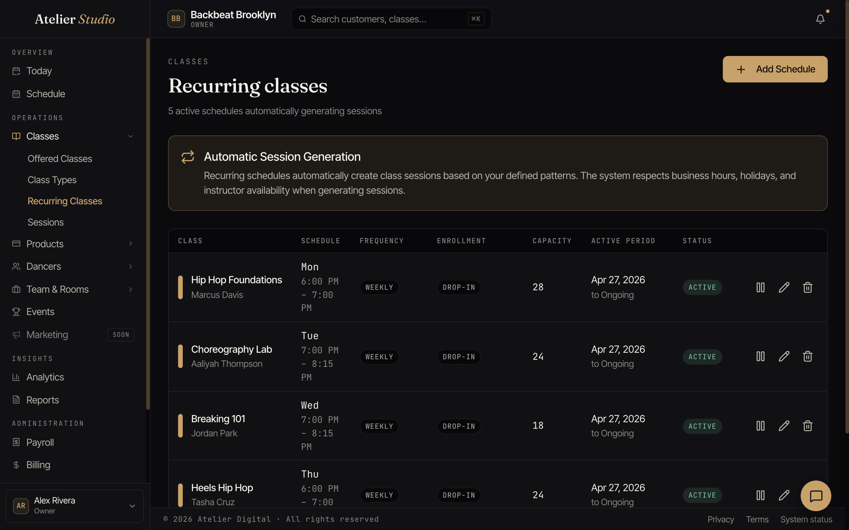 The Recurring classes screen with weekly schedules that automatically generate sessions.