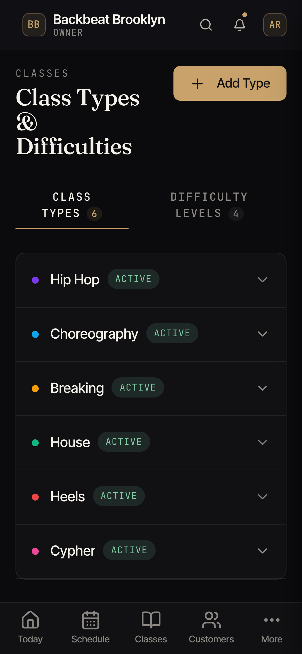 The Class Types screen listing styles like Hip Hop and Breaking, with a tab for difficulty levels.
