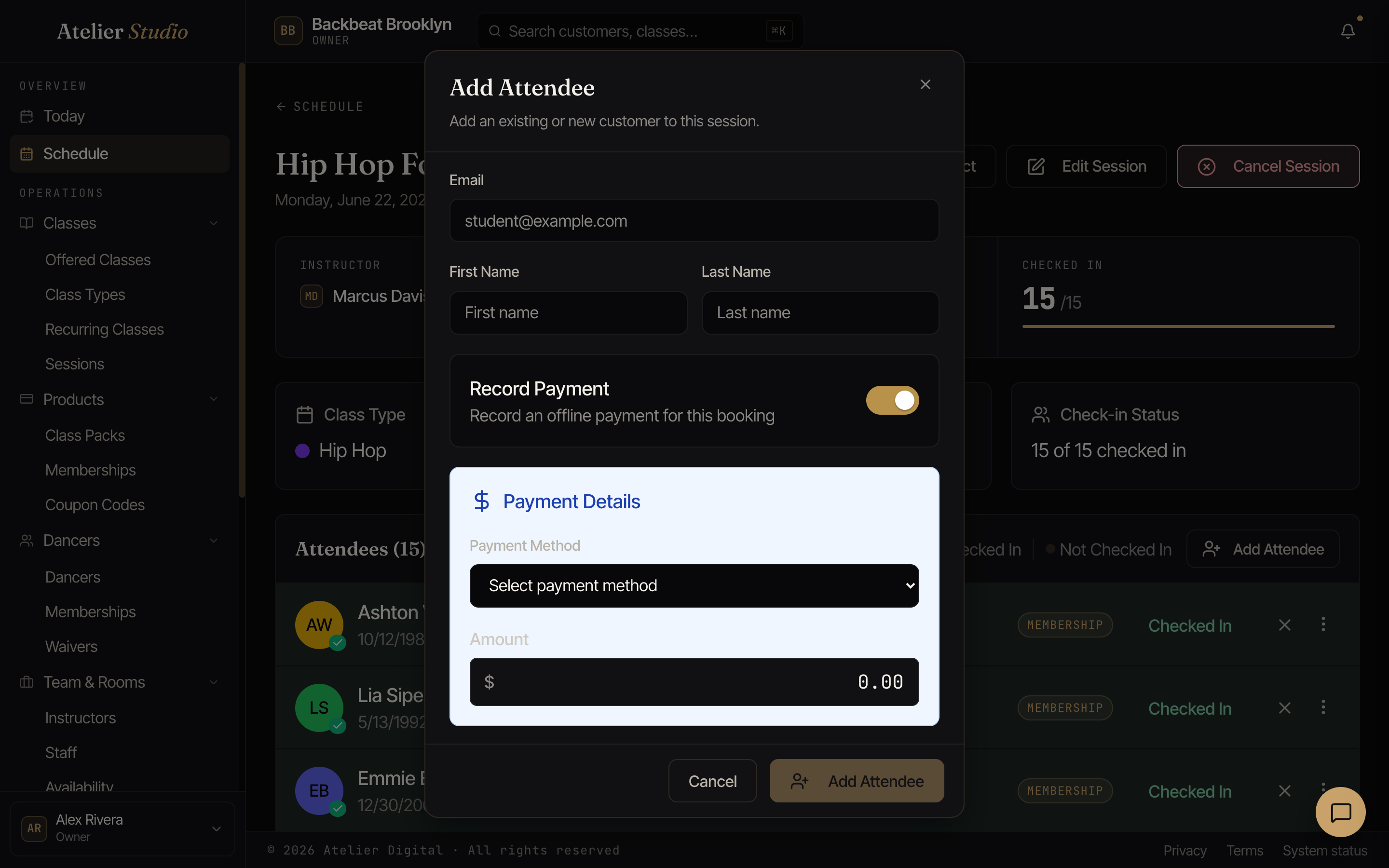 Adding someone to a class with the Record Payment toggle on, showing a payment method and amount.