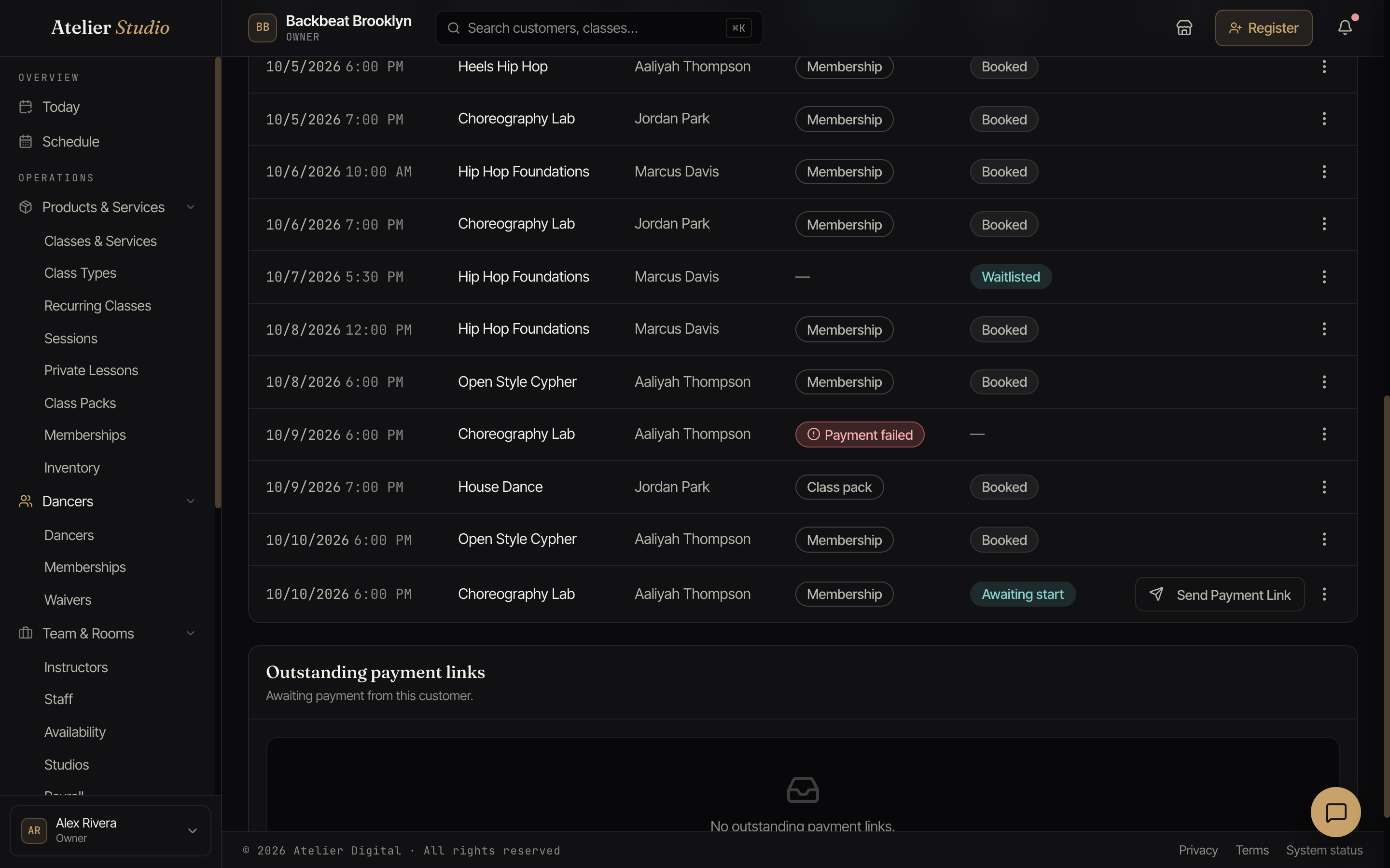 The Bookings tab with a red Payment failed label, a teal Waitlisted label, and a teal Awaiting start label.