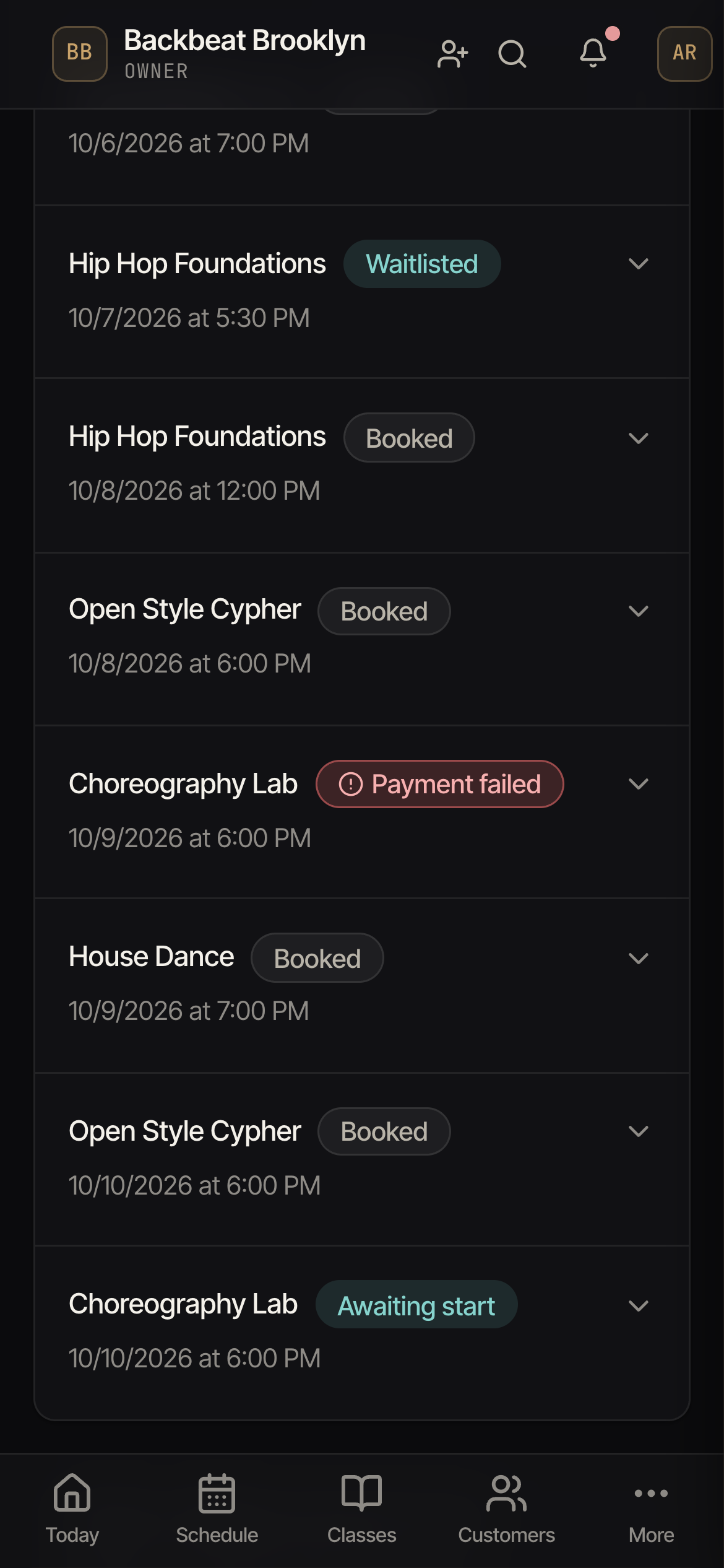 The Bookings tab with a red Payment failed label, a teal Waitlisted label, and a teal Awaiting start label.