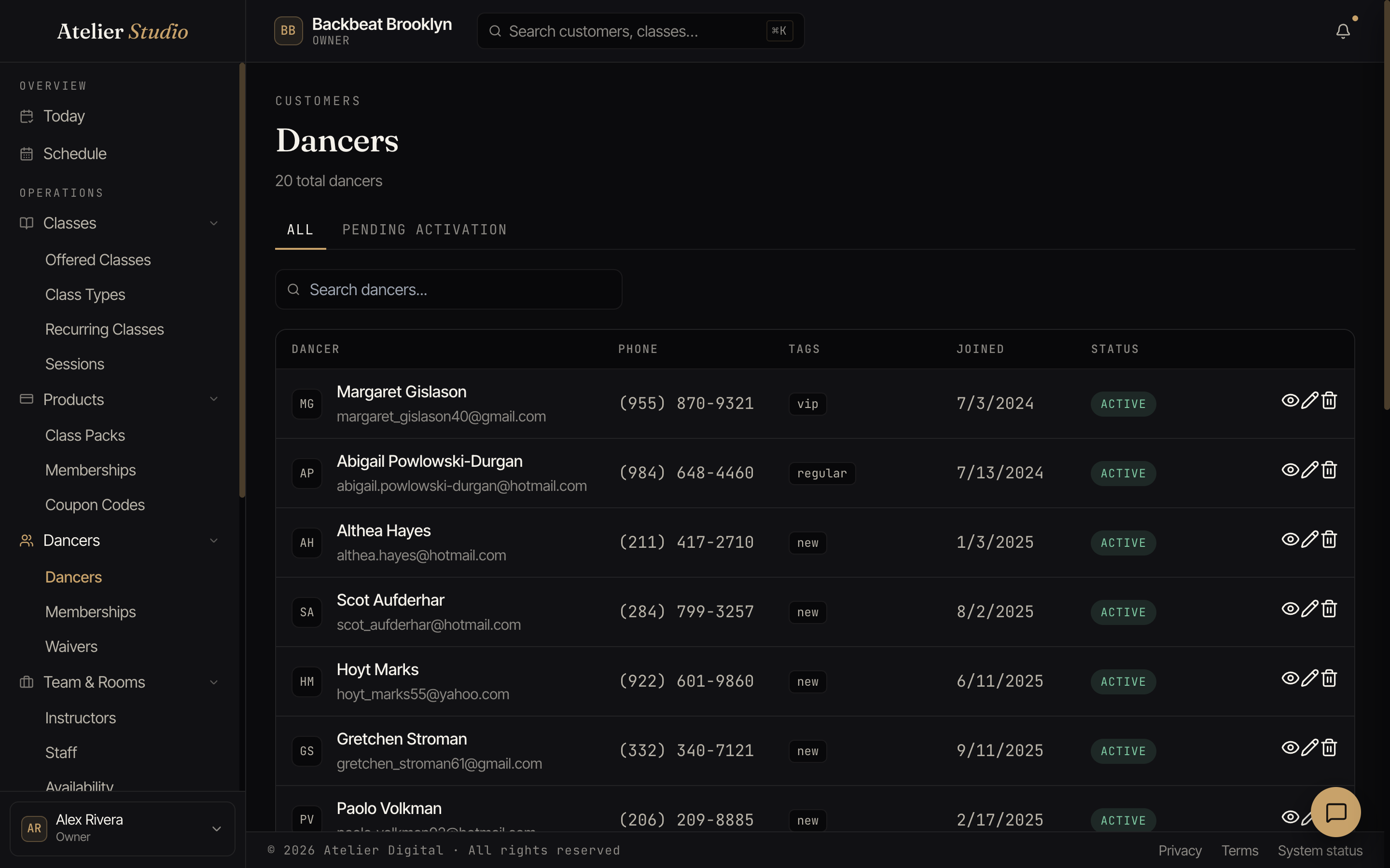 The customer directory listing people with their contact details, tags, join date, and status.