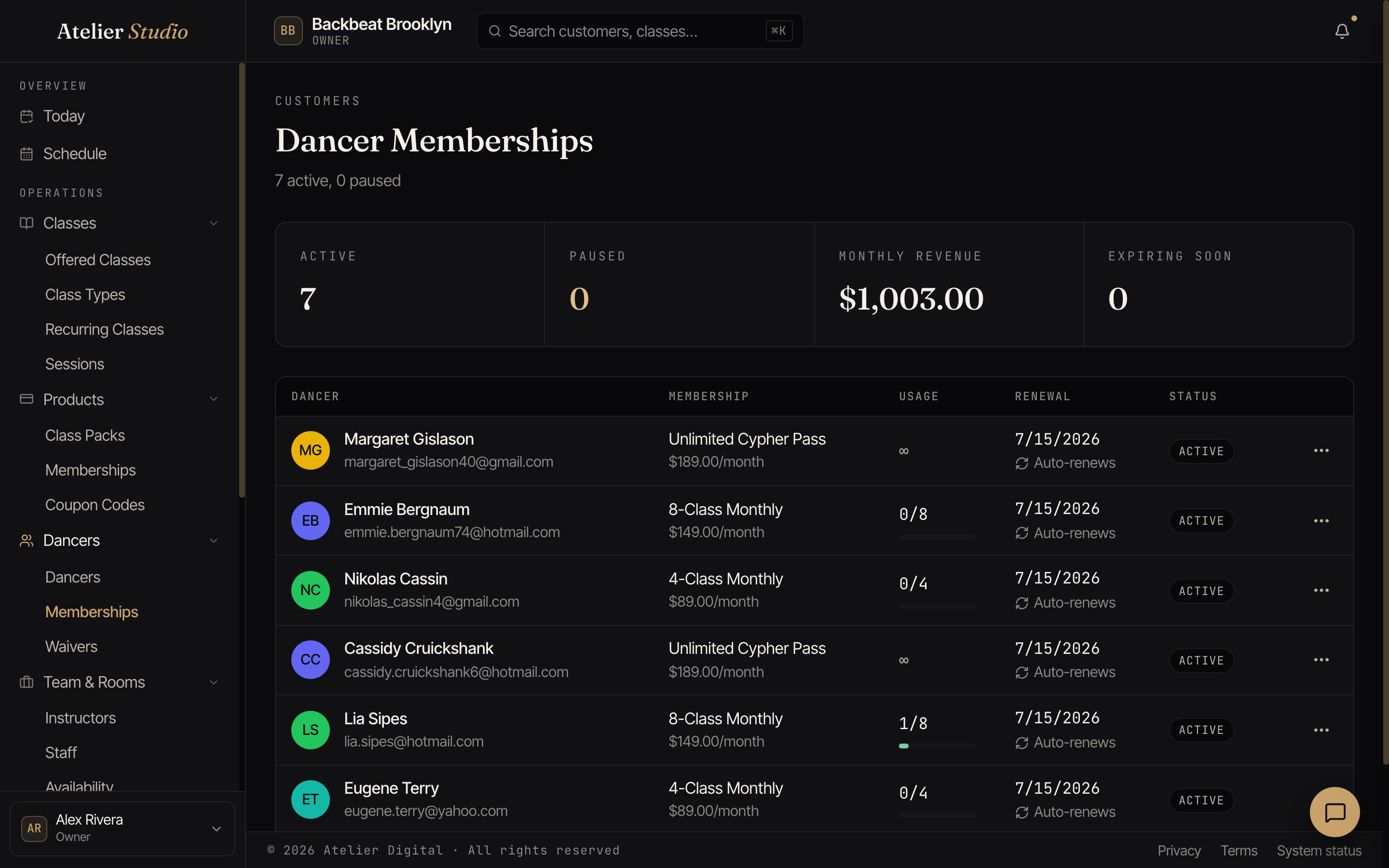 A list of customers and the memberships and passes they currently hold.