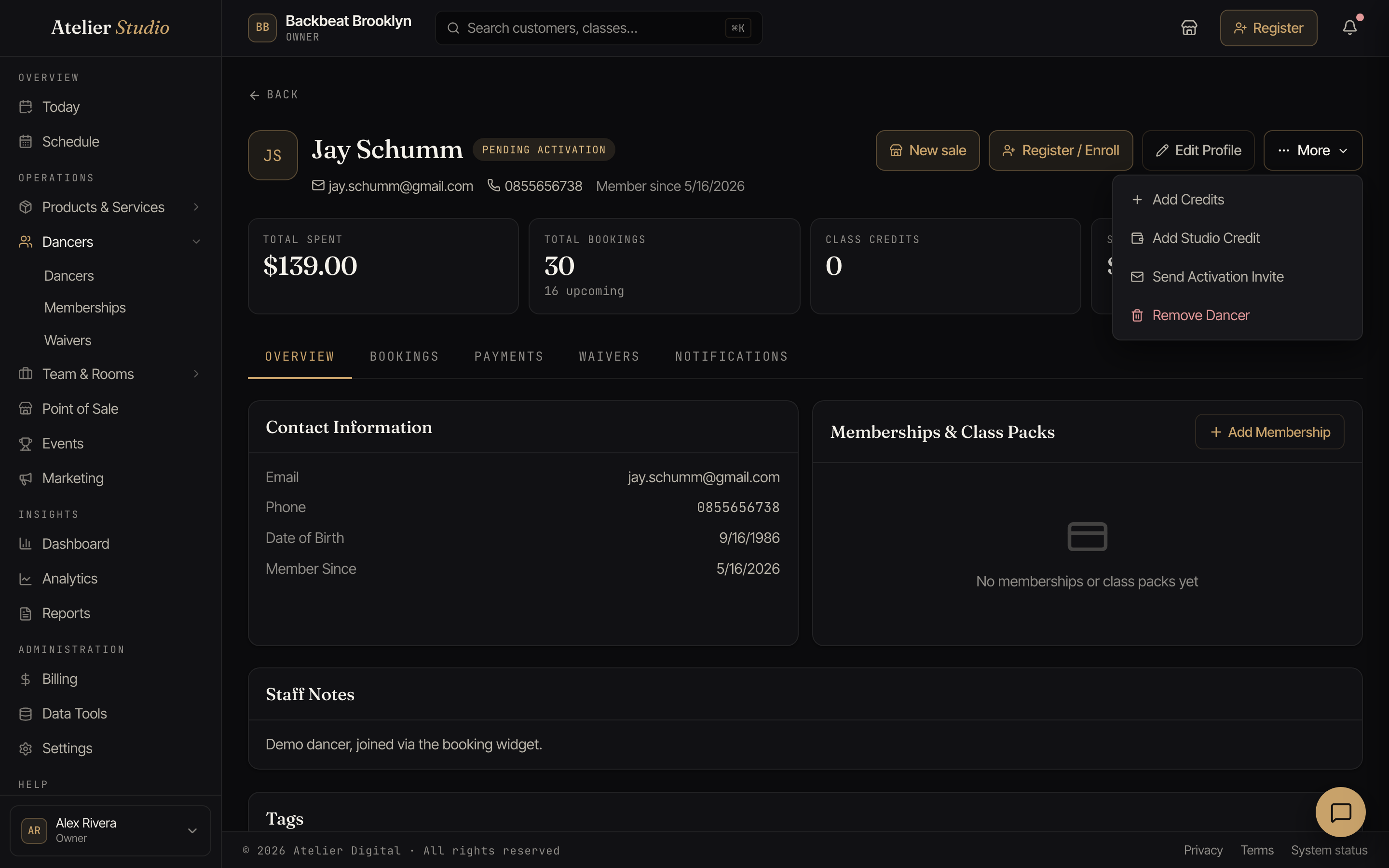 The More menu open on a customer profile, showing Add Credits, Add Studio Credit, Send Activation Invite, and Remove Dancer.