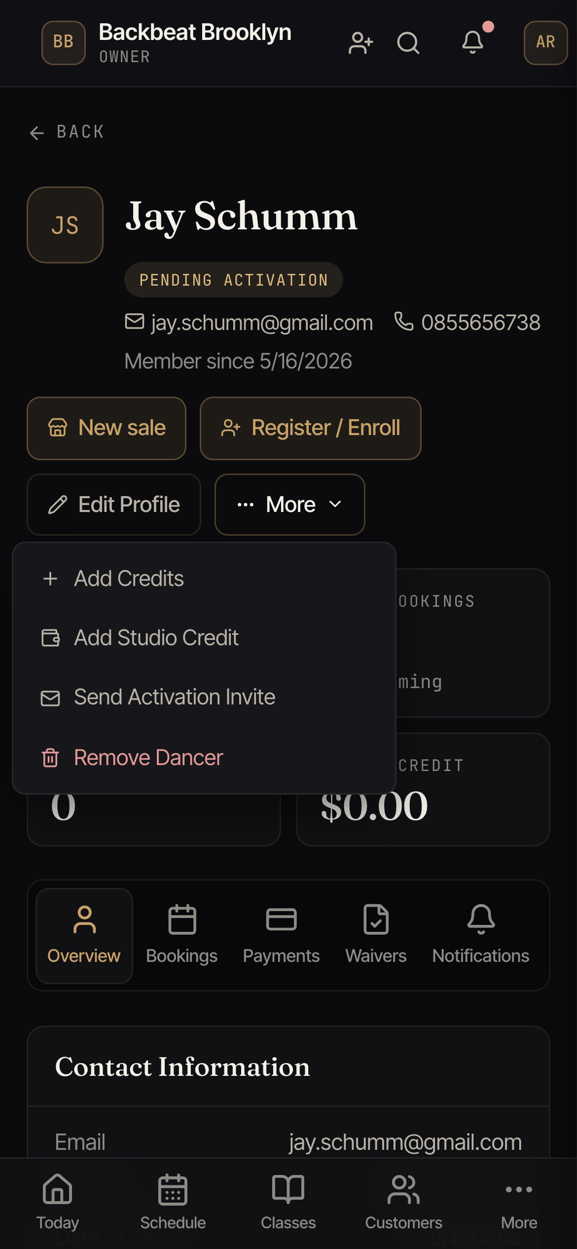 The More menu open on a customer profile, showing Add Credits, Add Studio Credit, Send Activation Invite, and Remove Dancer.