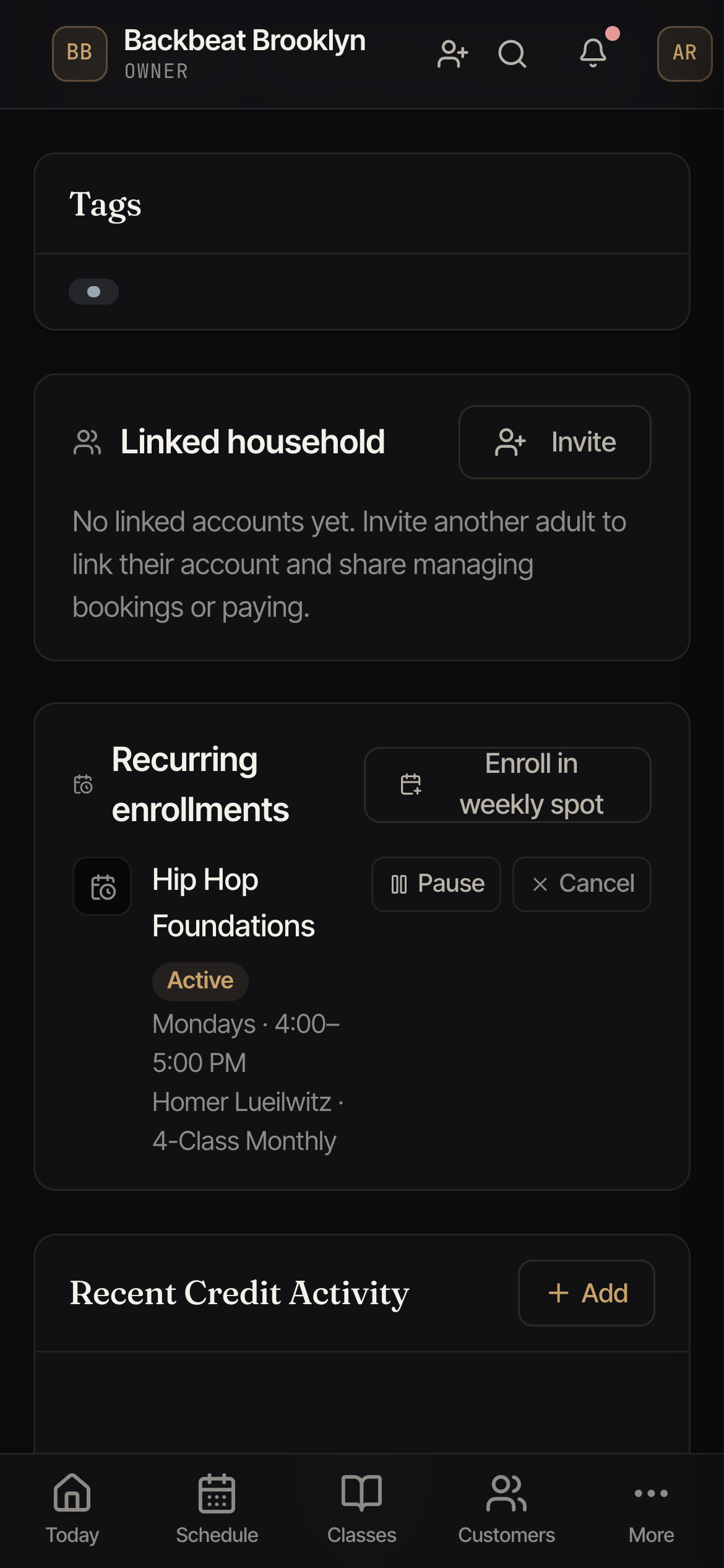 A Recurring enrollments card listing a weekly class with its day, time, member, and membership, plus Pause and Cancel actions.