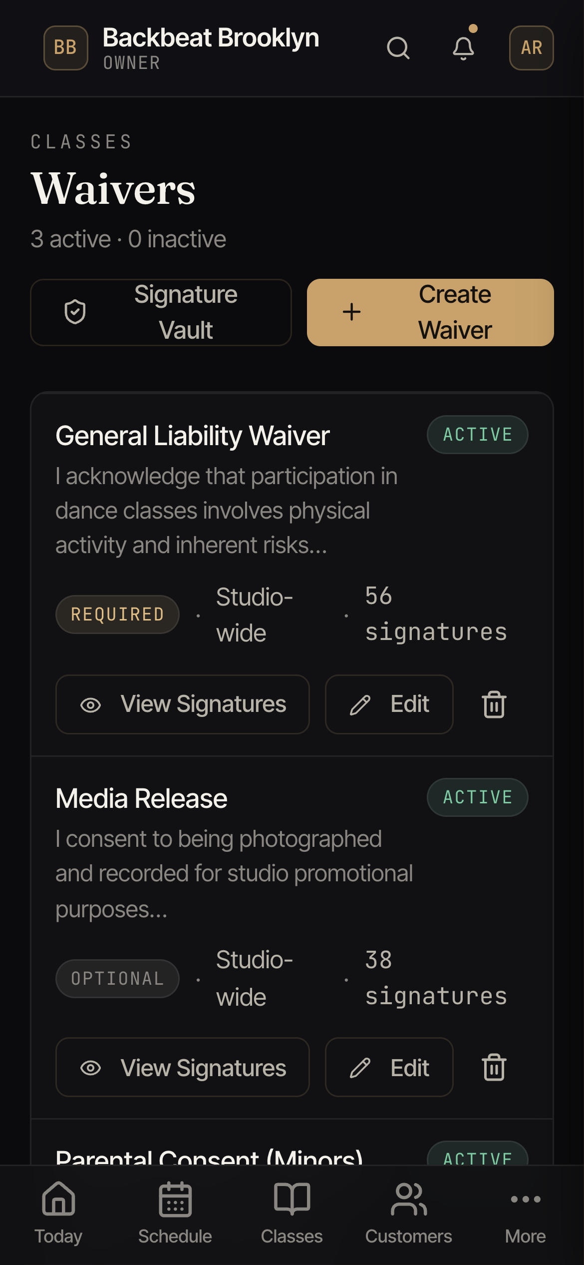 The Waivers screen listing forms with whether they're required, their scope, and signature counts.