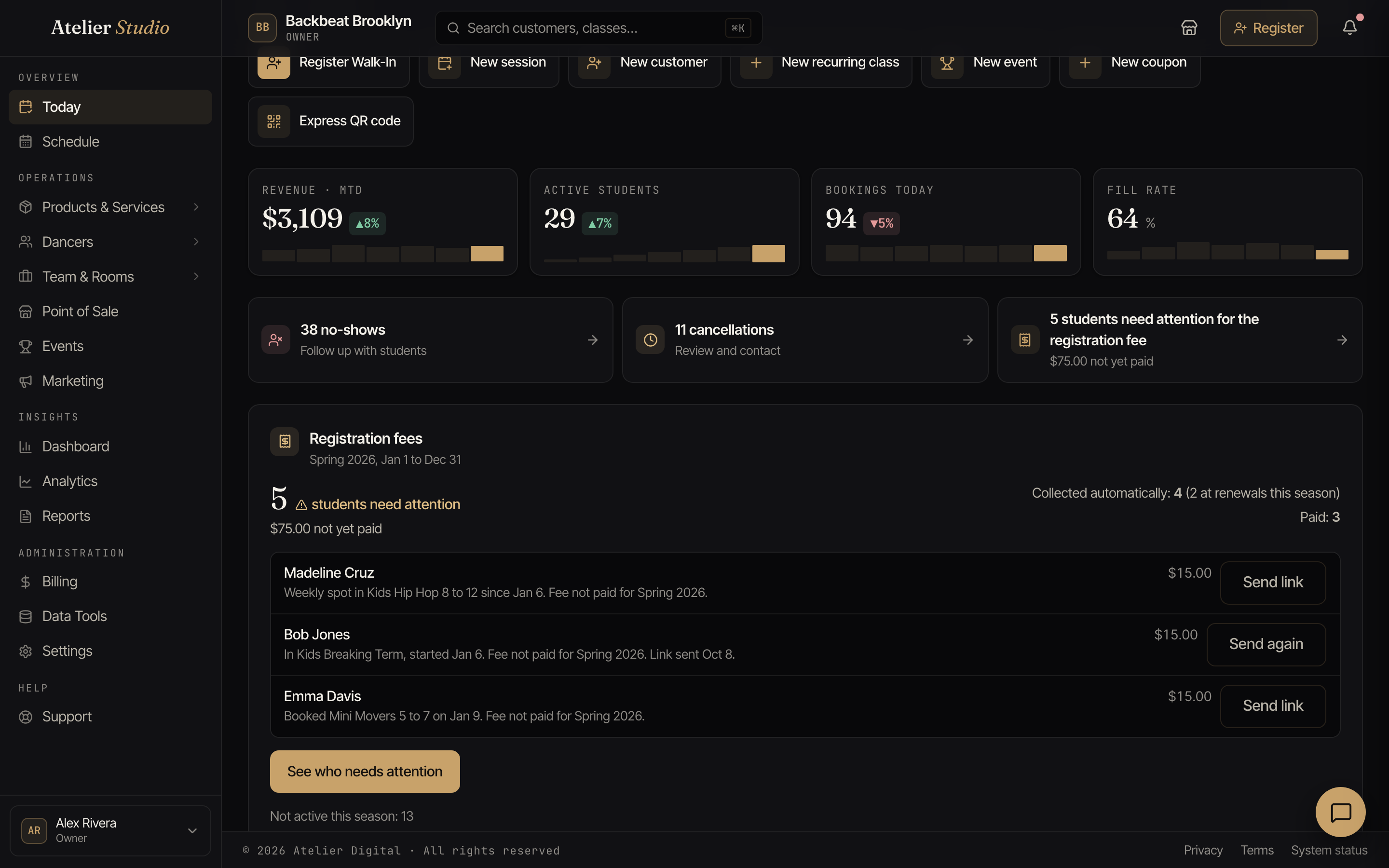 The Registration fees card on the dashboard, with 5 students needing attention, three students listed with Send link buttons, and a See who needs attention button.