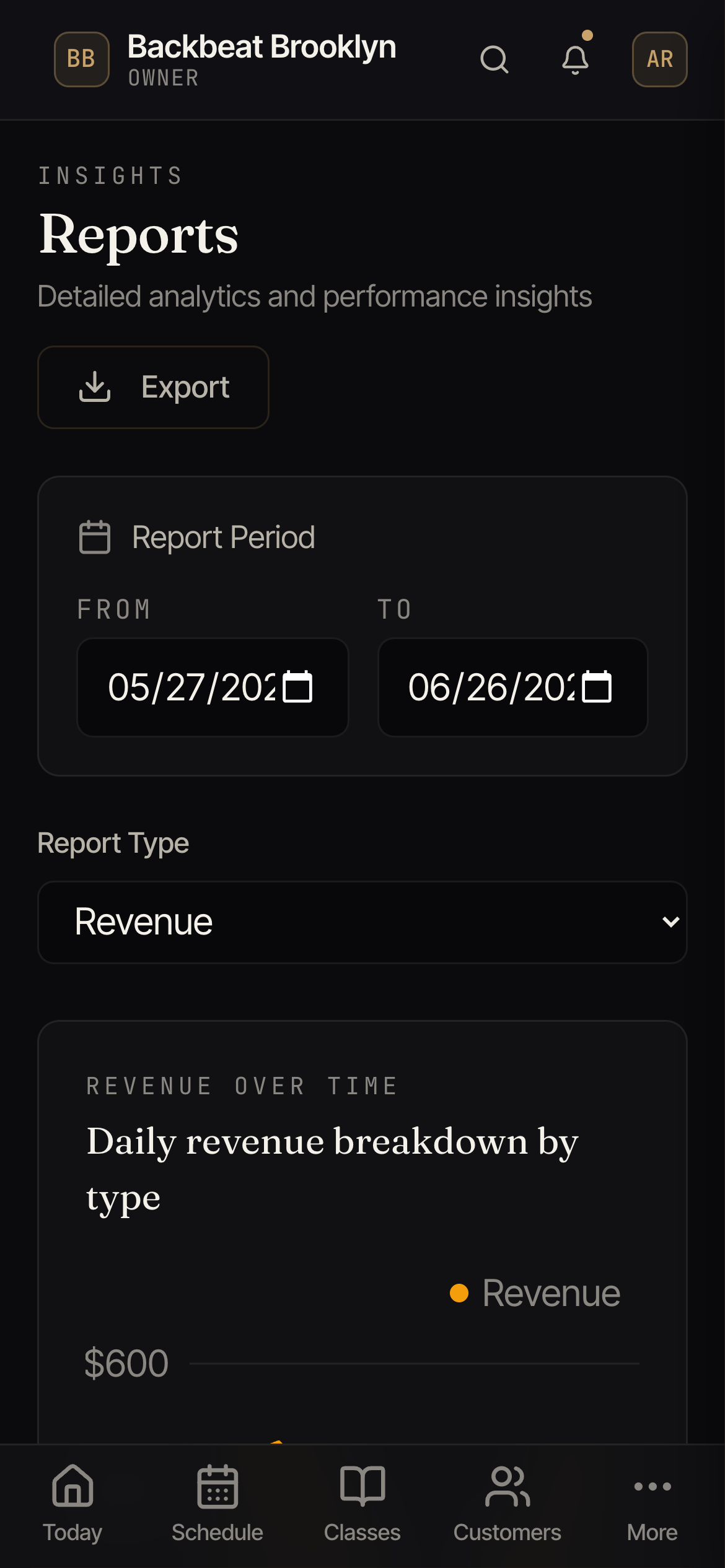 The Reports screen with a date-range picker, category tabs, and a revenue-over-time chart.