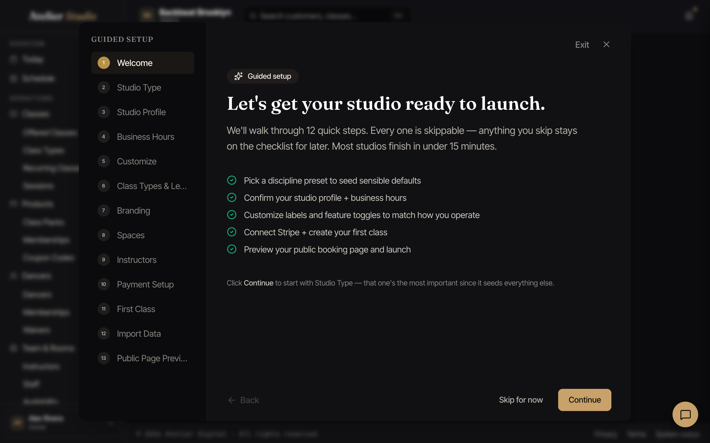 The guided setup wizard listing its steps down the side with a welcome screen.