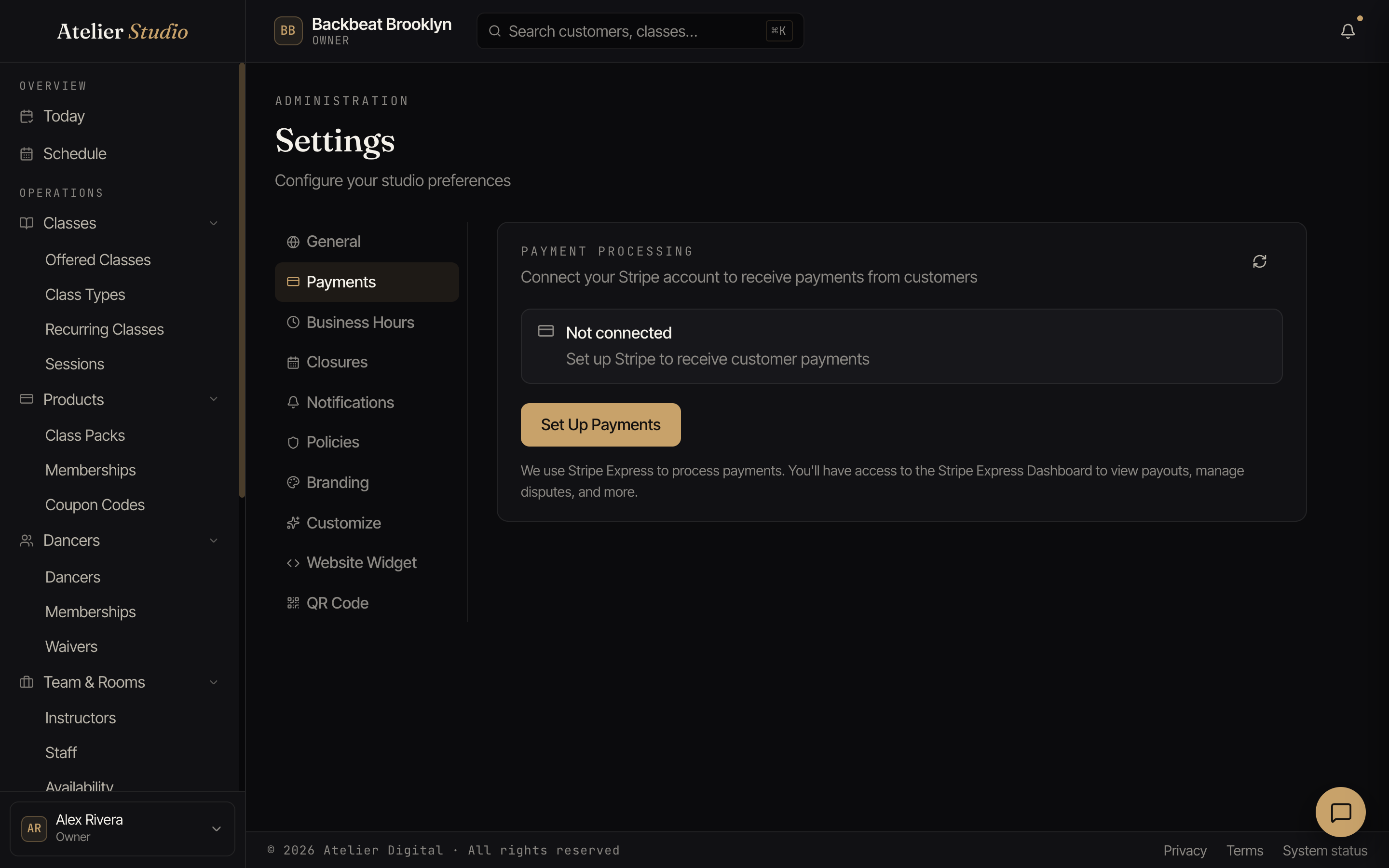 The Payments setting showing a 'Not connected' status and a Set Up Payments button.