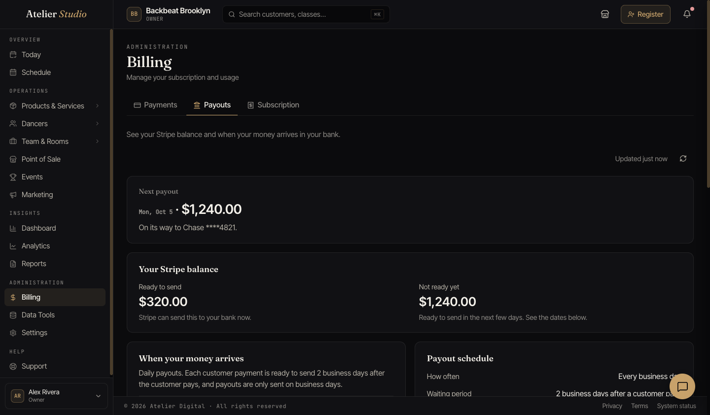 The Payouts tab with the next payout, the Stripe balance, the dates when money is ready to send, and a list of recent payouts.
