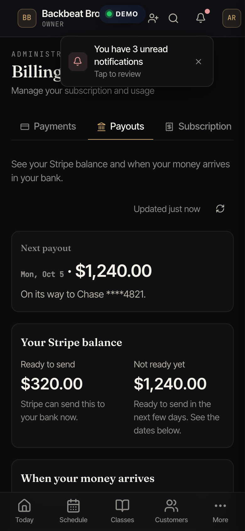 The Payouts tab with the next payout, the Stripe balance, the dates when money is ready to send, and a list of recent payouts.