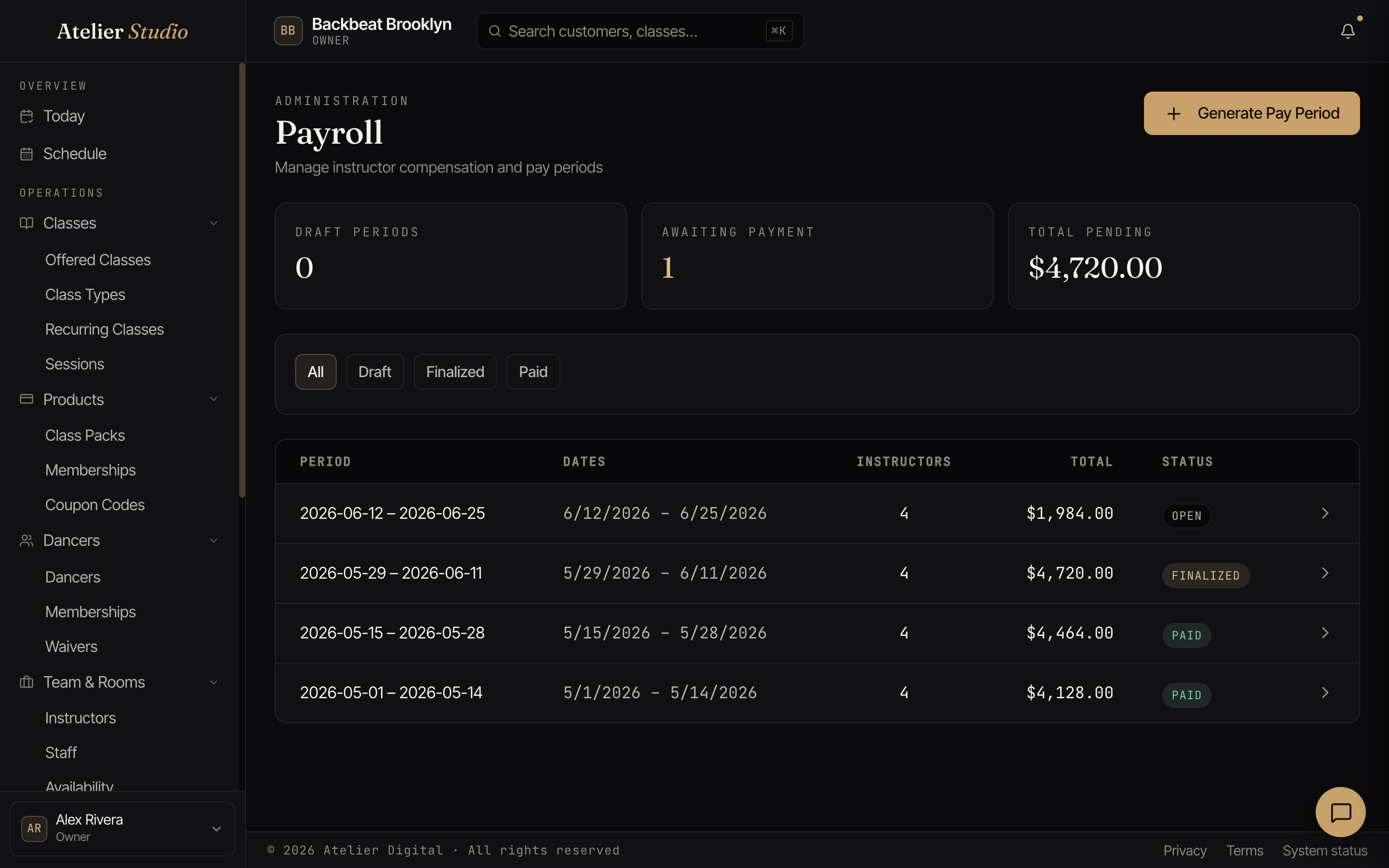 The Payroll screen with pay periods, amounts owed, and their status.