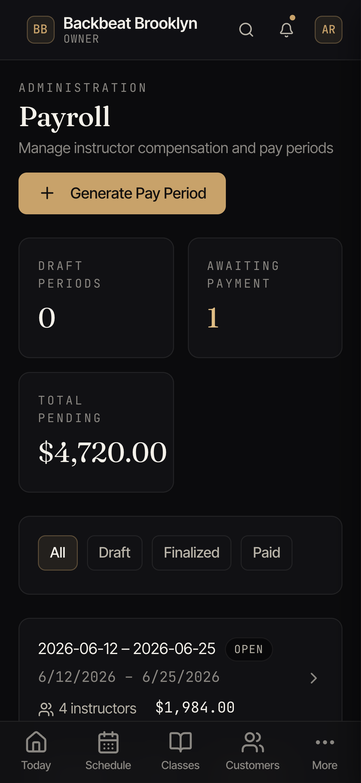 The Payroll screen with pay periods, amounts owed, and their status.
