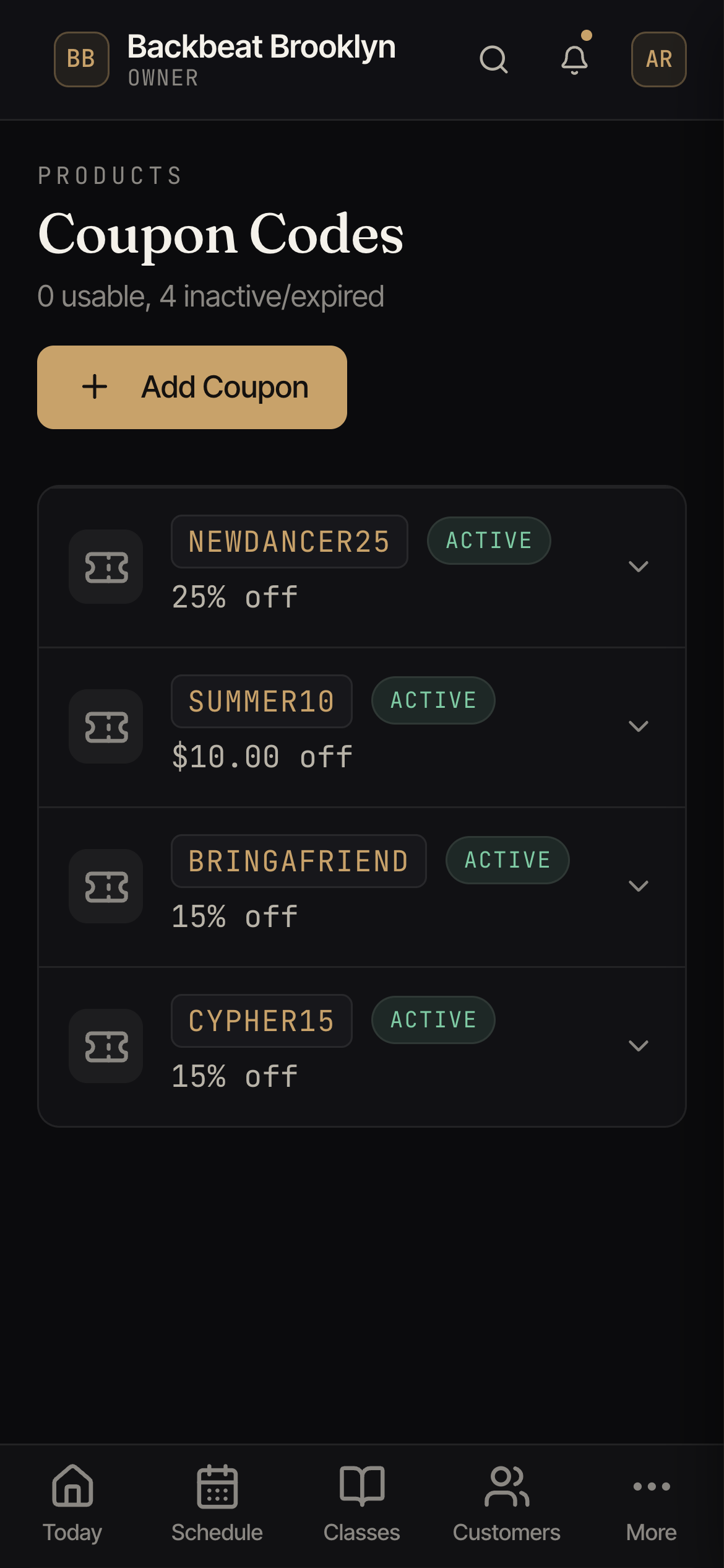 The Coupon Codes screen listing codes with their discount, usage, and limits.