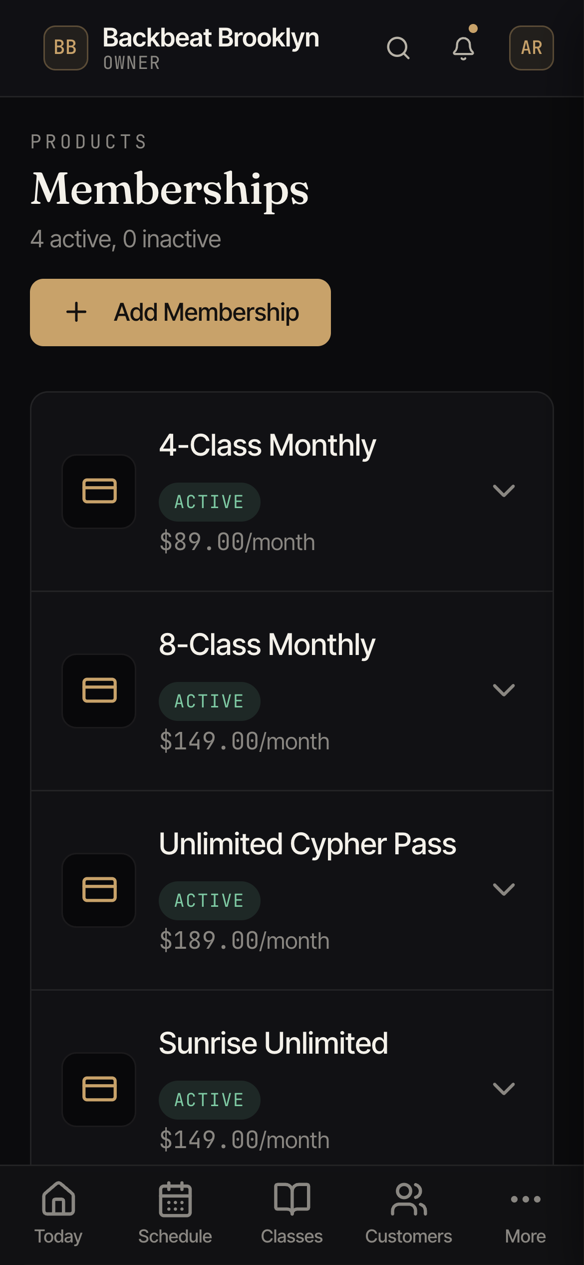 The Memberships screen listing plans with their entitlement, billing, and price.
