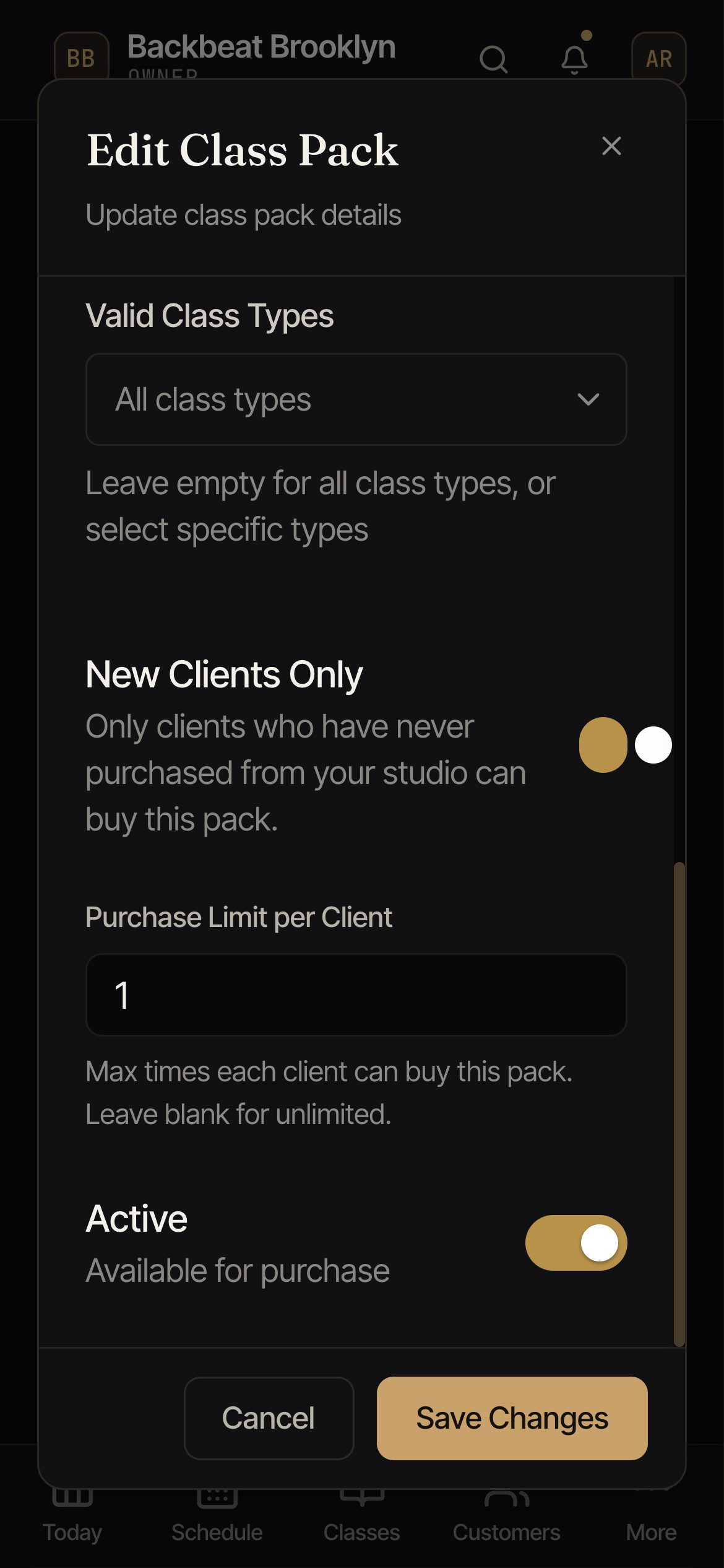 The Edit Class Pack screen showing the New Clients Only toggle switched on and a Purchase Limit per Client of 1.
