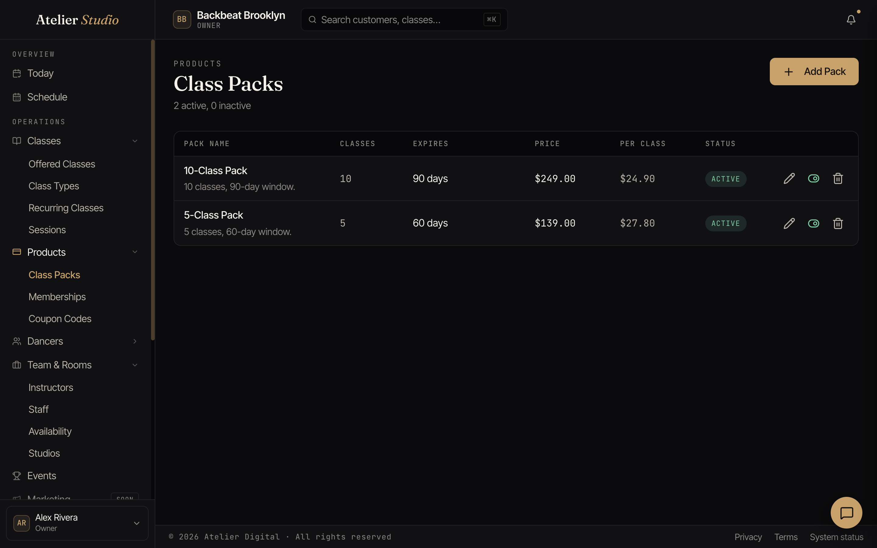 The Class Packs screen showing packs with their class count, expiry window, and price.