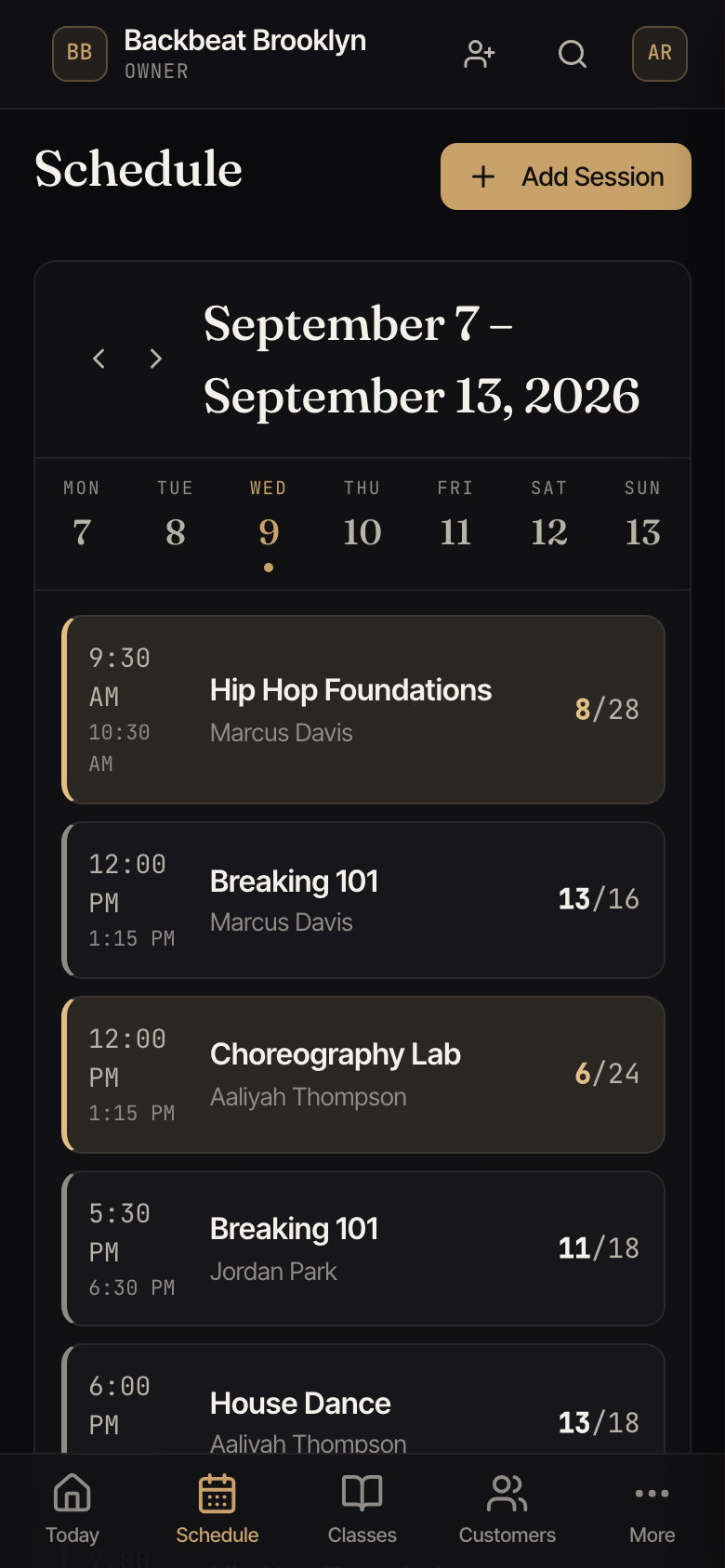 One day's classes shown as a list, opened from a day heading on a computer, and a day at a time on a phone.
