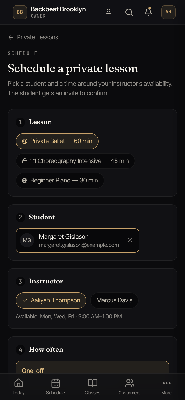 The Schedule a private lesson page with steps for the lesson, student, instructor, how often, and time.