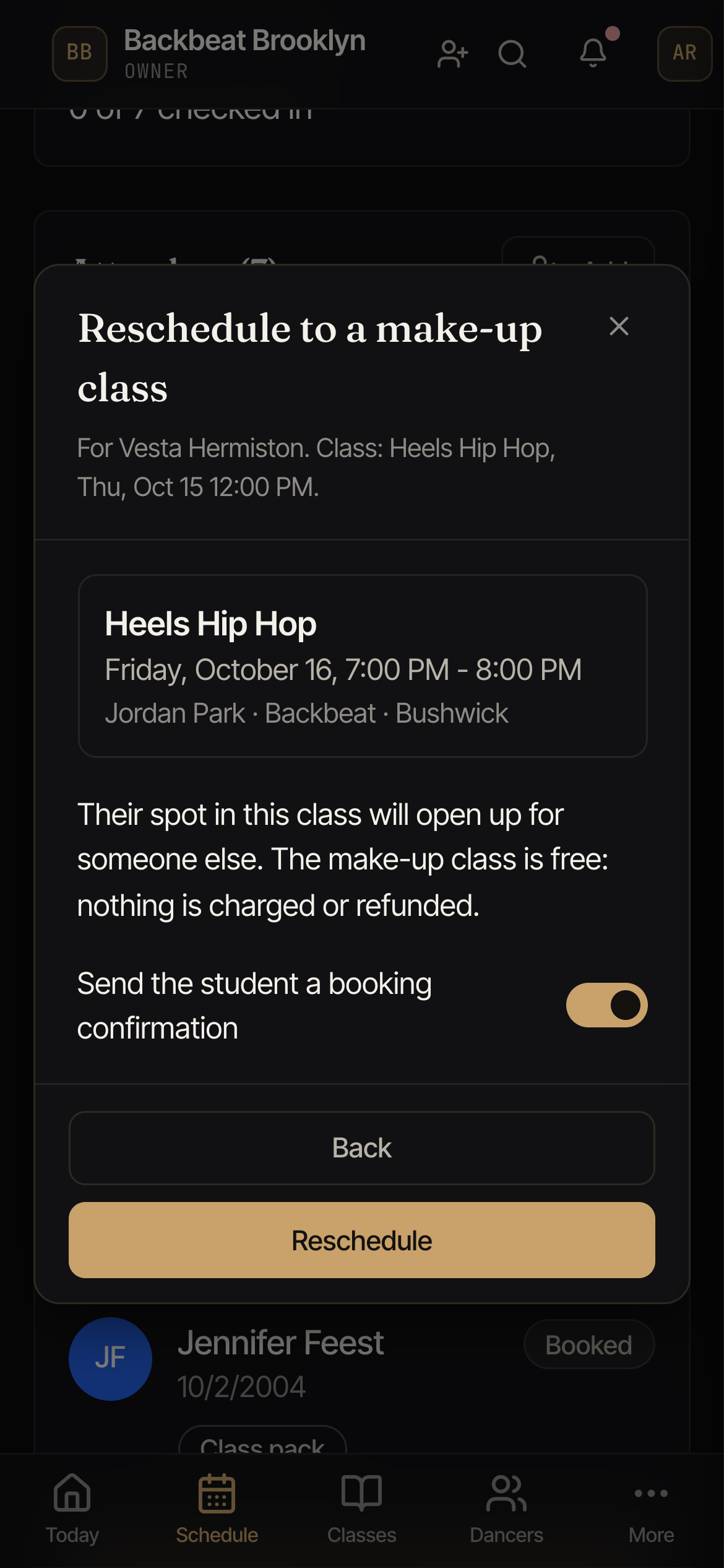 The make-up class window with the chosen class, the note that their spot will open up, and the Reschedule button.