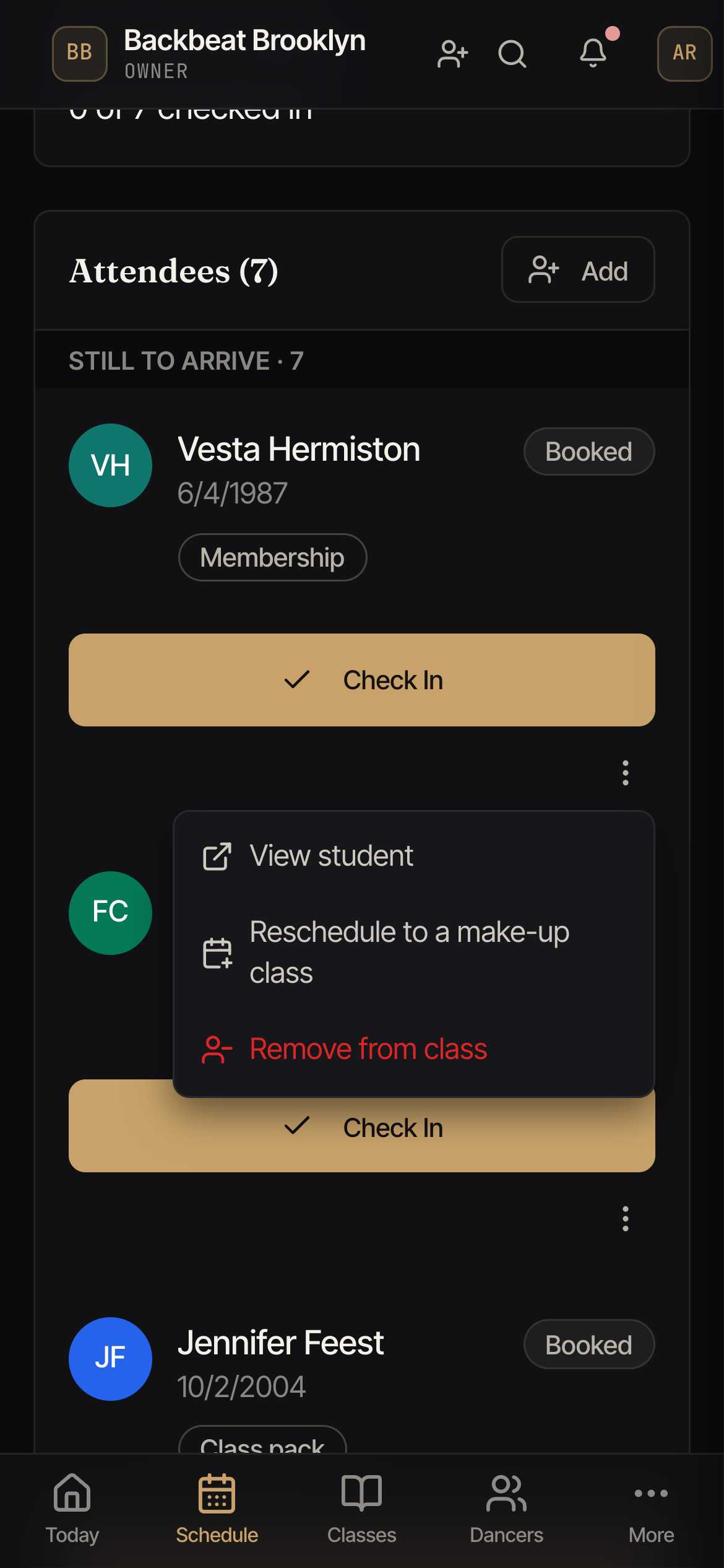 A class list with a row menu open, showing View student, Reschedule to a make-up class, and Remove from class.