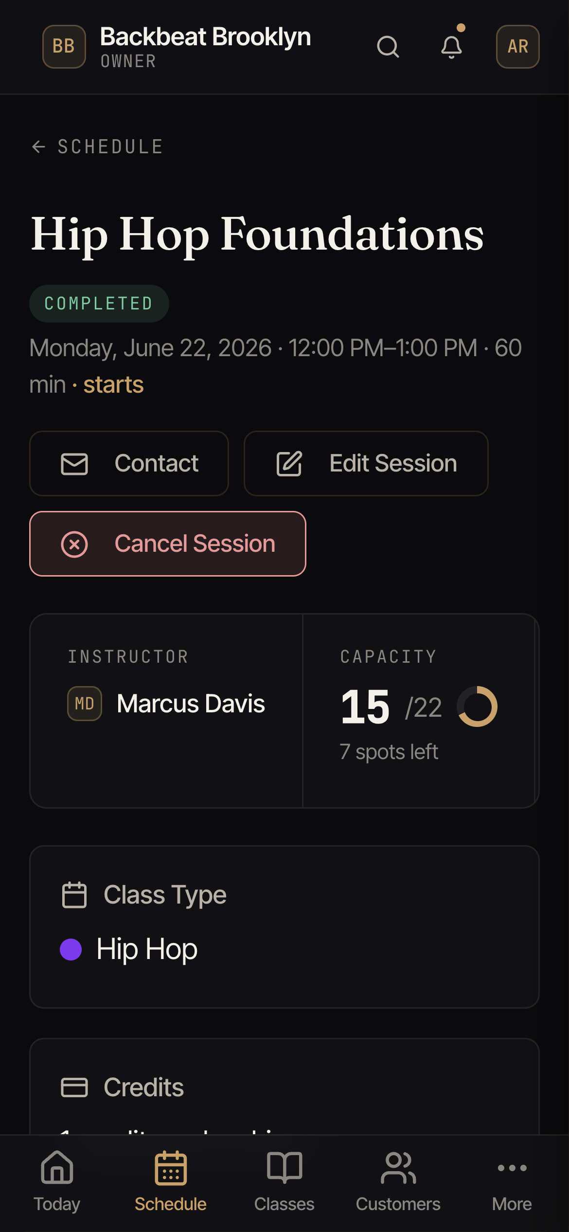 A class's detail page showing capacity, checked-in count, and the list of attendees.