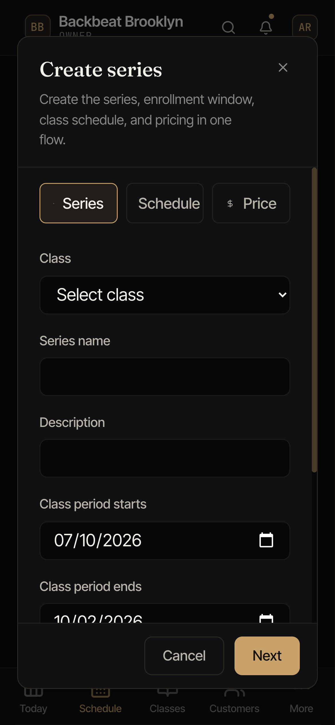 The Create series window with the class, name, class period dates, and enrollment window.